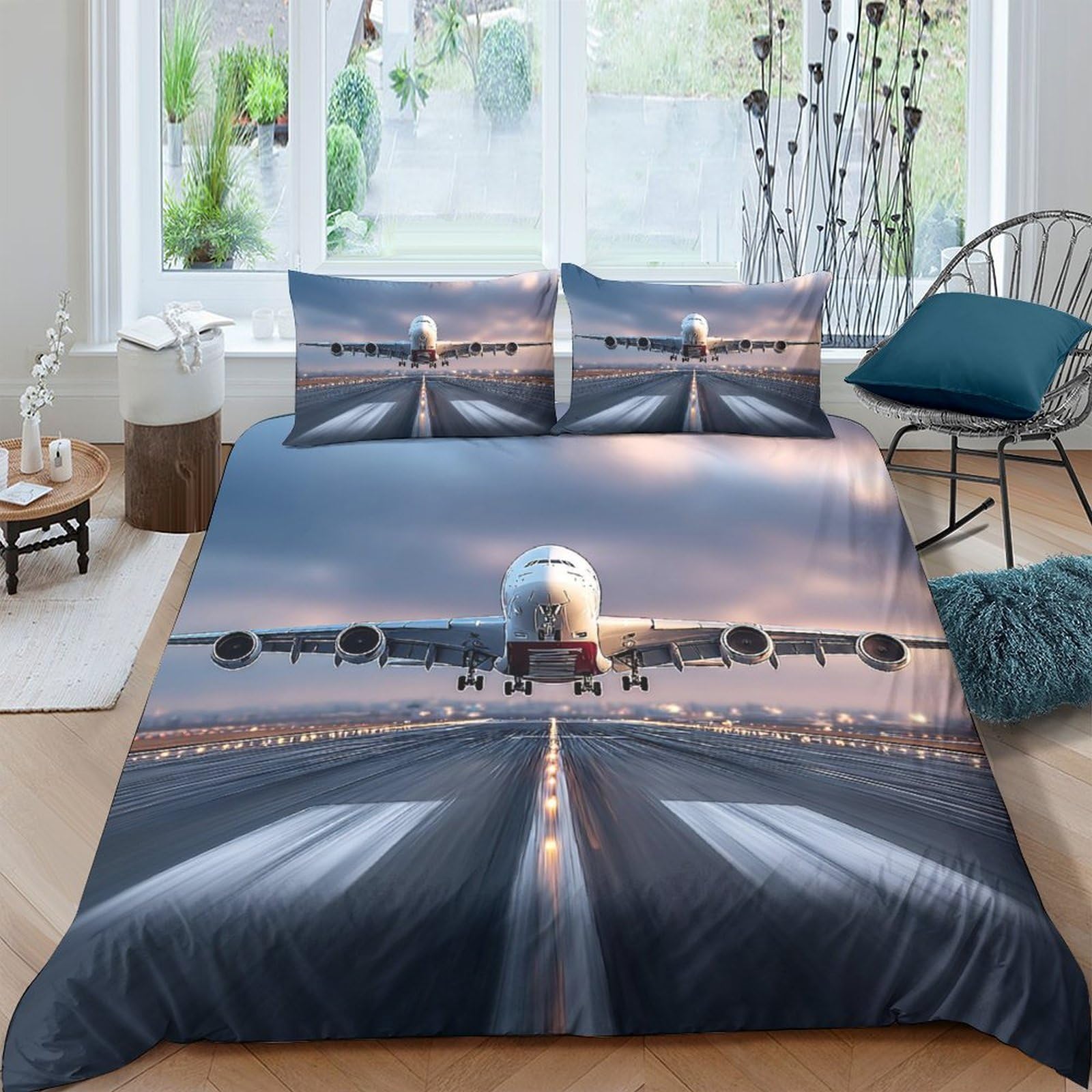 GPLZQXKJNH 3D Printed Airplane Runway Duvet Cover Microfiber Soft Breathable Sunset Flight Bedding Set with 2 Pillowcases for Bedroom Decor Single（135x200cm）