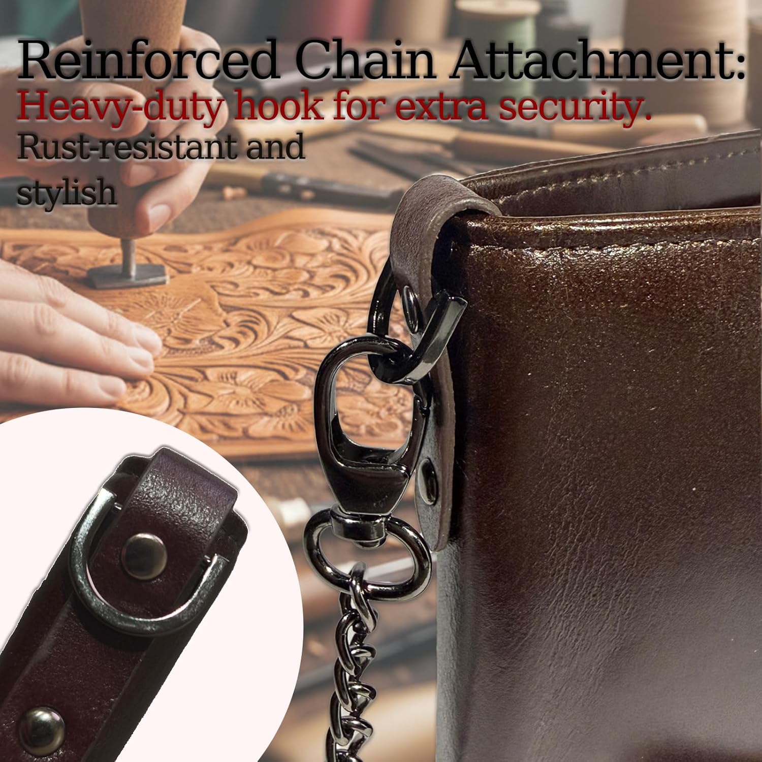 Genuine Leather Chain Wallets for Men | RFID Blocking Mens Bifold Wallet with Anti-Theft Biker Chains | Zipper Coin Pocket, ID Window,valentines day gifts for him - Image 3