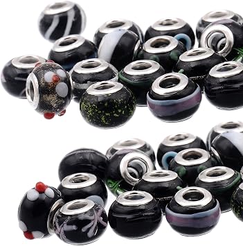 RUBYCA Mix Black Murano Lampwork Glass Bead Rondelle European Charm Bracelet Silver Color 30pcs