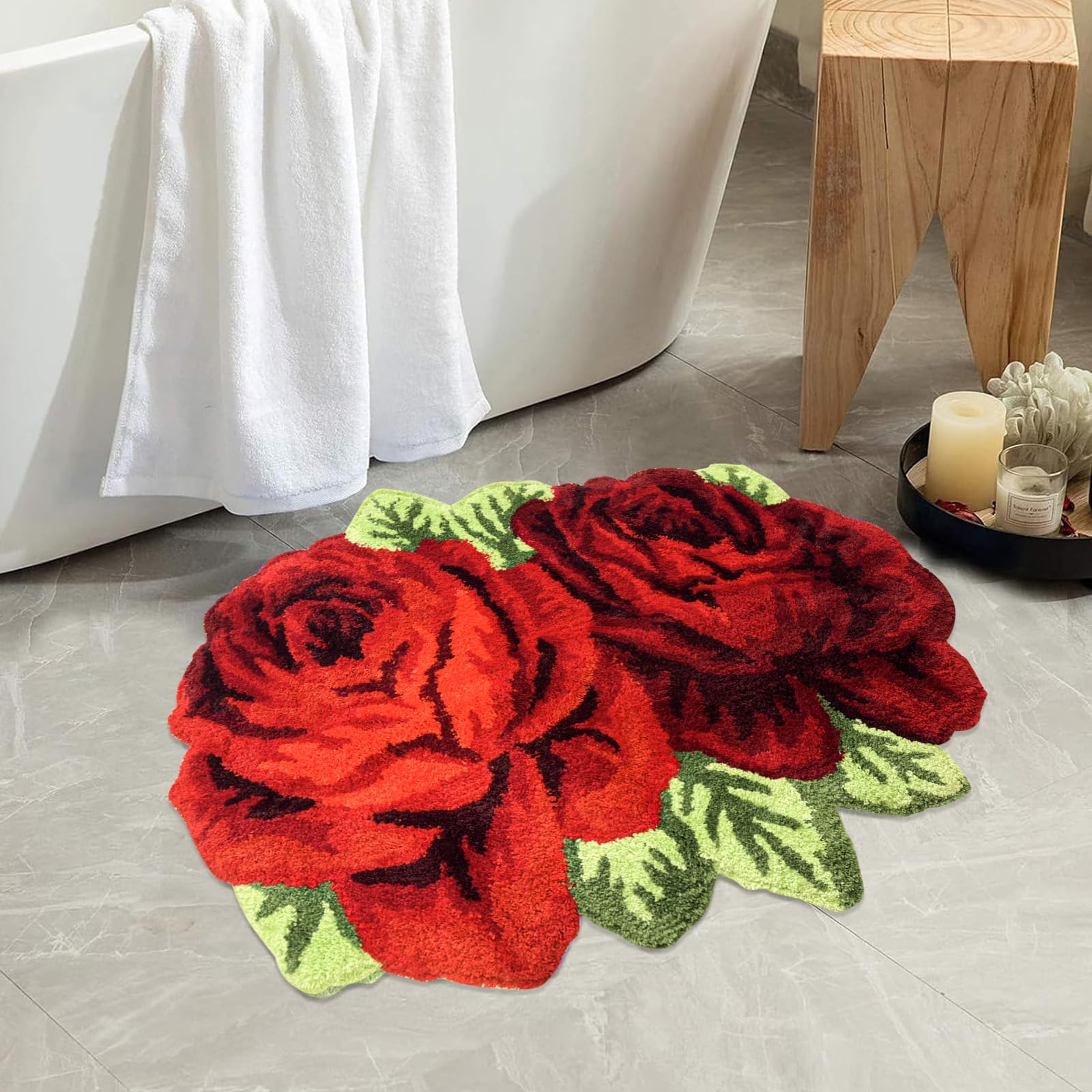 USTIDE Vintage Rose Rug Red Flower Bath Rugs Doormat for Bathroom Girls Bedroom Area Rugs Washable Non-Slip Floor