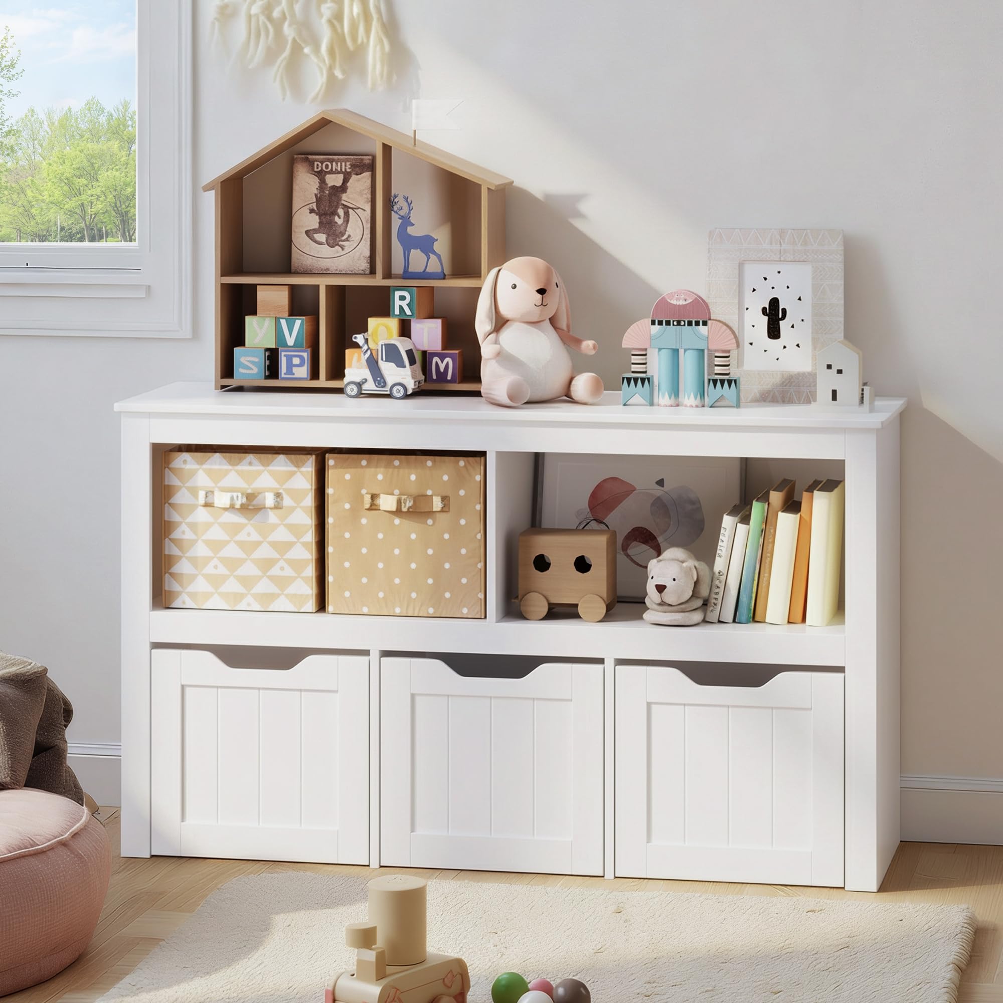 Armadietto per Riporre Giocattoli per Bambini, Libreria in Legno con 3 Cassetti con Ruote, 2 Scomparti Aperti, per Soggiorno, Camera da Letto e Stanza dei Giochi, 102 x 30 x 60 cm (Bianco)