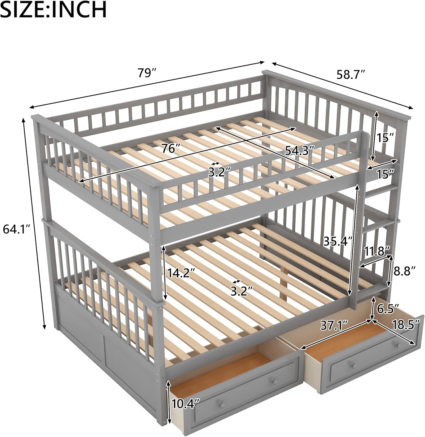 Merax Bunk Beds for Kids, Full Over Full Bunk Bed with 2 Drawers, Convertible Wooden Bed Frame with Safety Rail Ladder, Teens Bedroom Bed, Guest Room Furniture, Grey