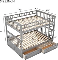 Vista 148 de Harper & Bright Designs Litera de tamaño matrimonial sobre matrimonial con 3 cajones, litera de madera maciza con almacenamiento y riel