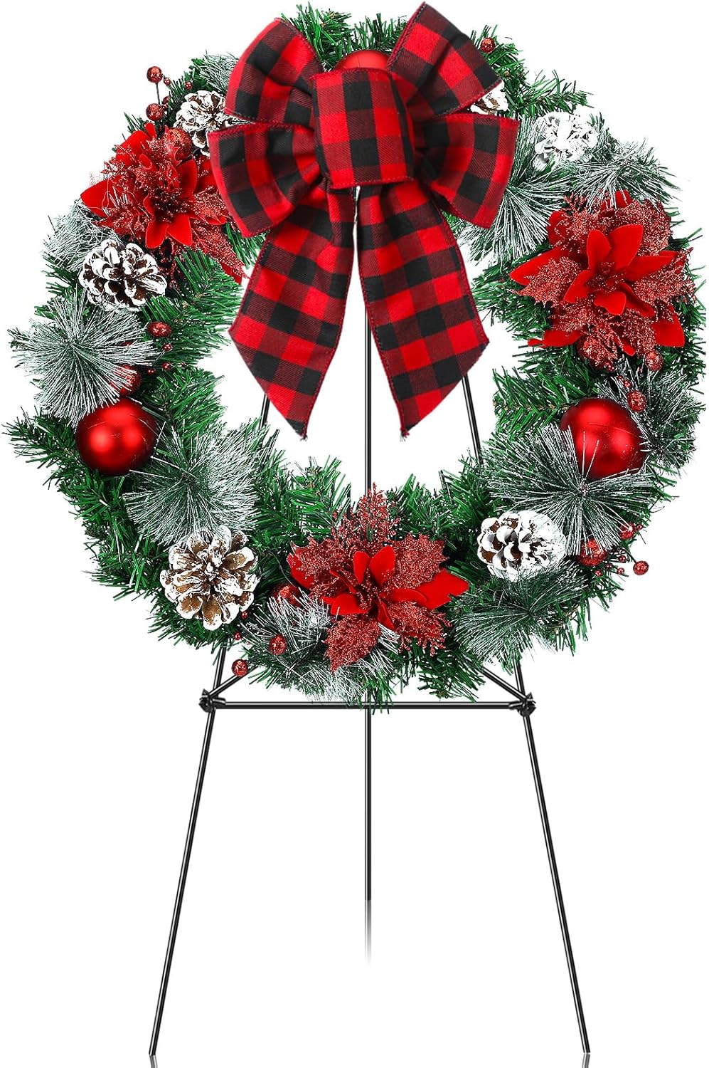 Xinnun 24 Inch Christmas Cemetery Wreaths for Graves with 30 Inch Wreath Easel Stand Buffalo Plaid Bow Pinecones Red Berries Poinsettia Xmas Headstone Wreath for Memorial Holiday Ornament Supplies