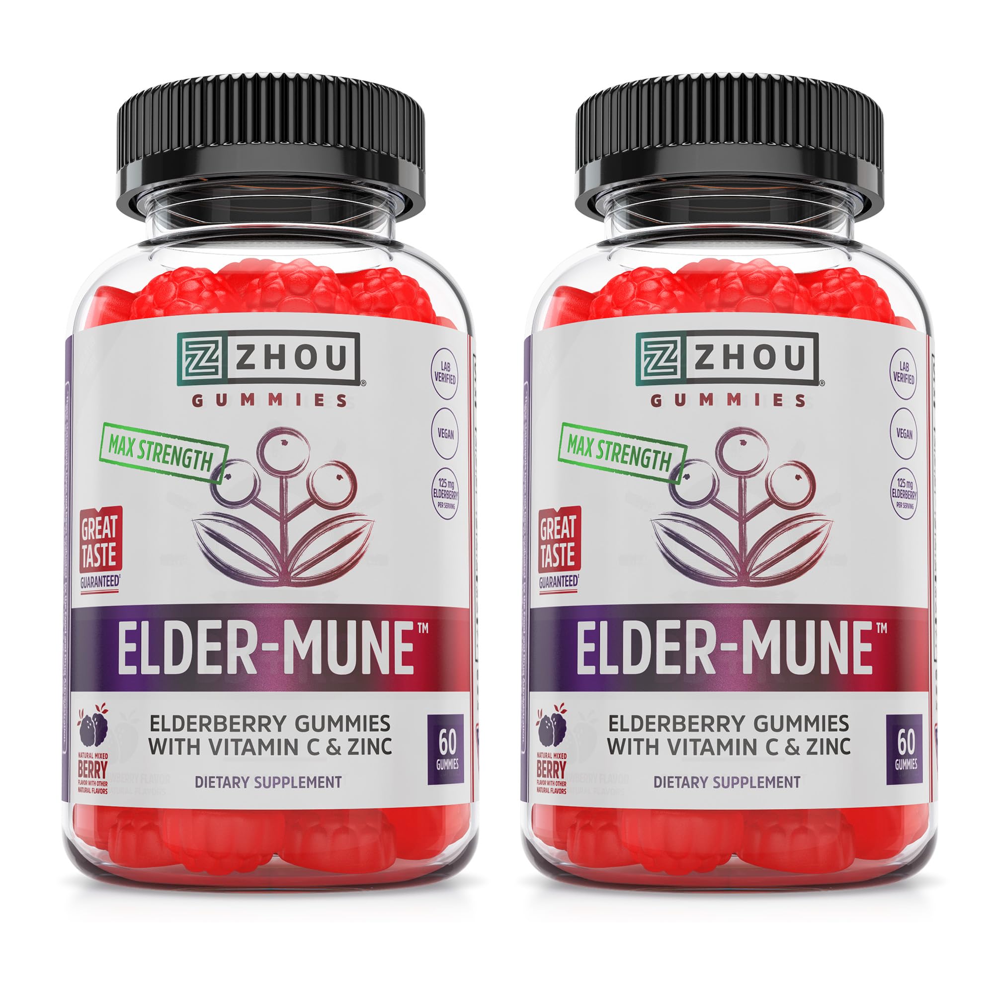Zhou Elder-Mune Elderberry Gummies - Black Elderberry - 60 Gummies (2 60 Count (Pack of 2)