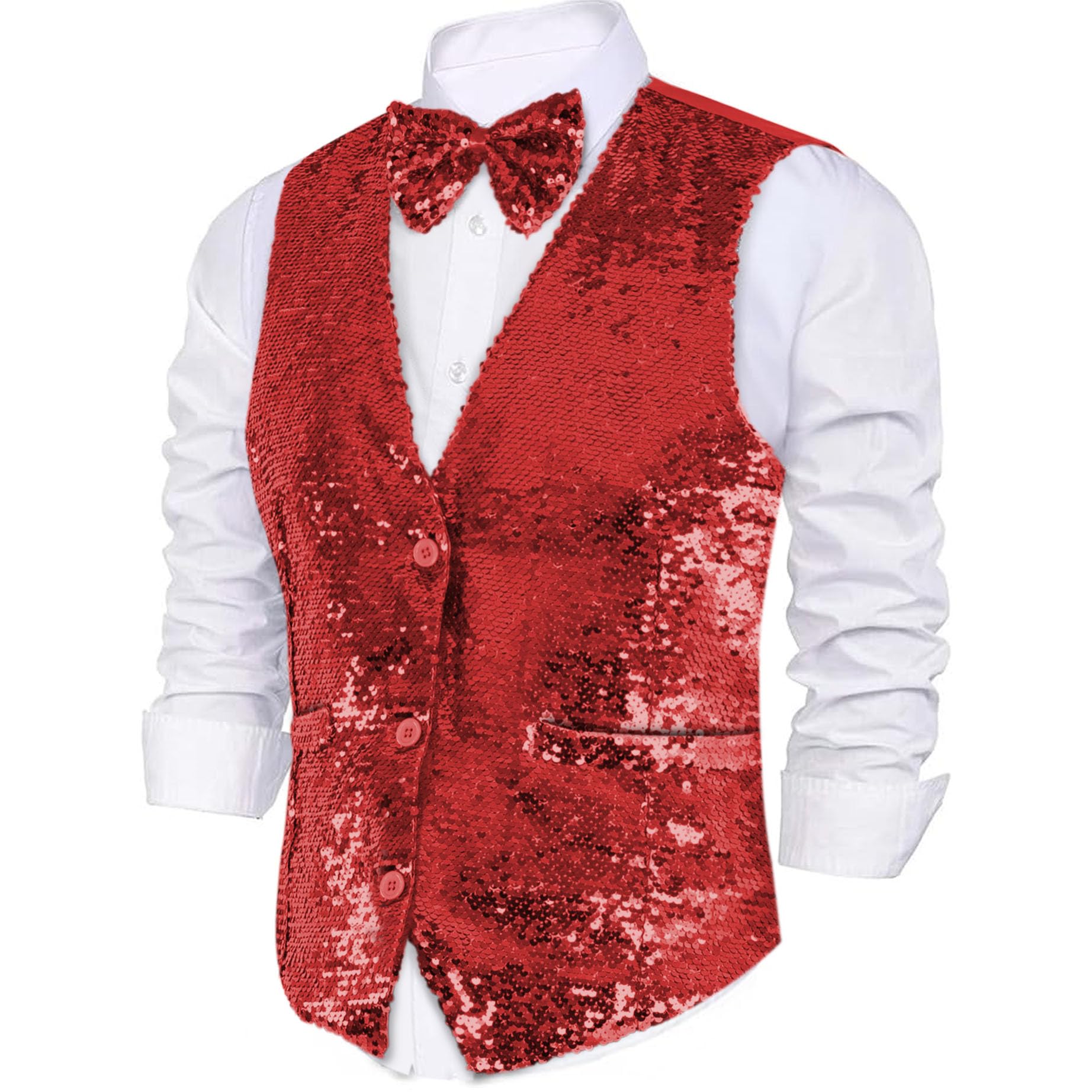 Dress Up America Sequin Vest with Bowtie - Red Sparkly Vest for Men - Costume Party Vest for Adults - Men Sequin Vest