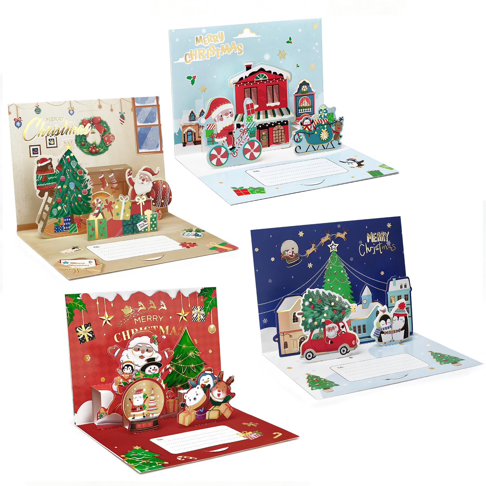 4 Pack 3D Christmas Cards Festive Cards with Envelopes for Holiday Decor