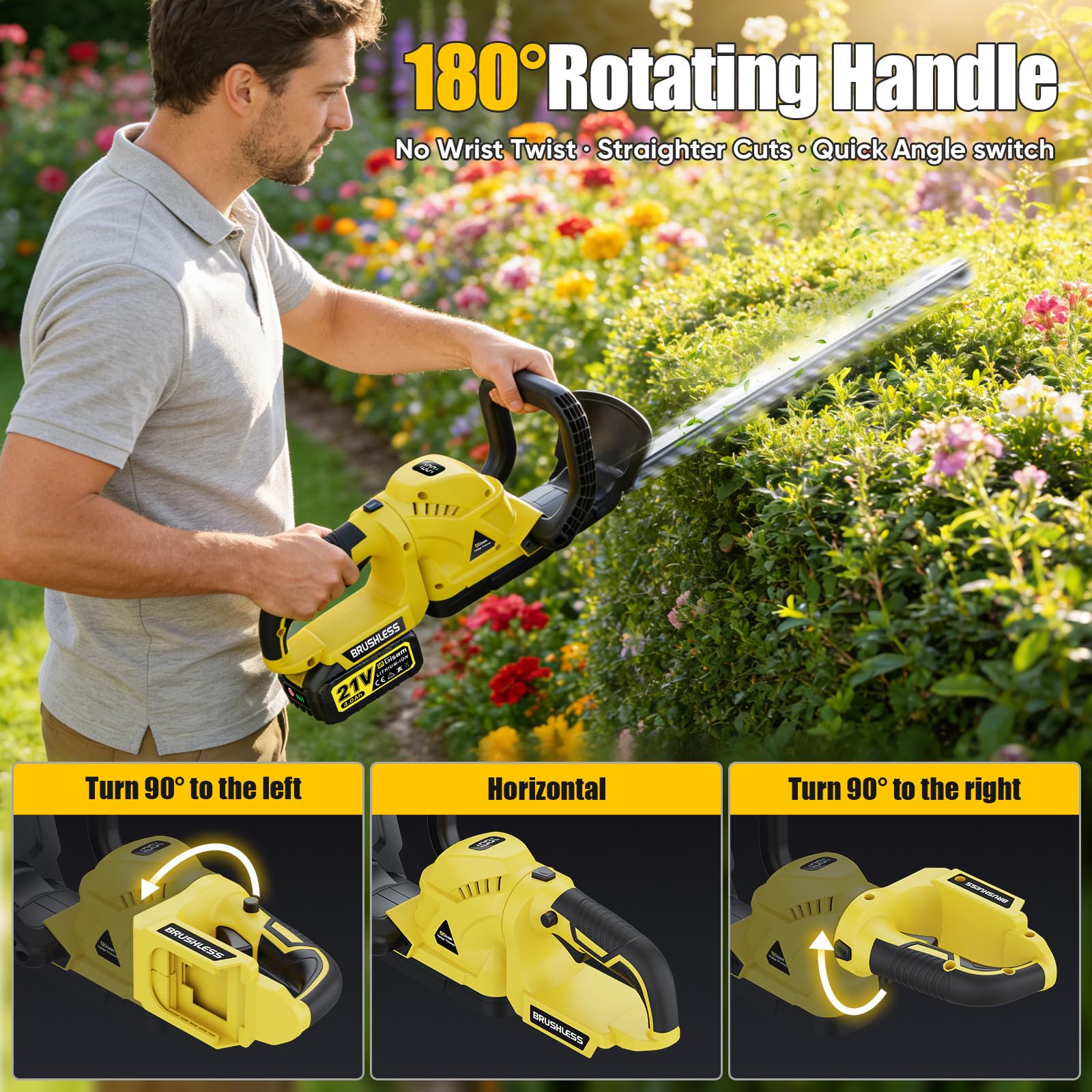 Cortasetos, batería de 52 cm de longitud de cuchilla, mango ergonómico, protección contra golpes, cortador de setos con batería de 2 x 4000 mAh para cortar arbustos, cuidado del jardín, sin cable