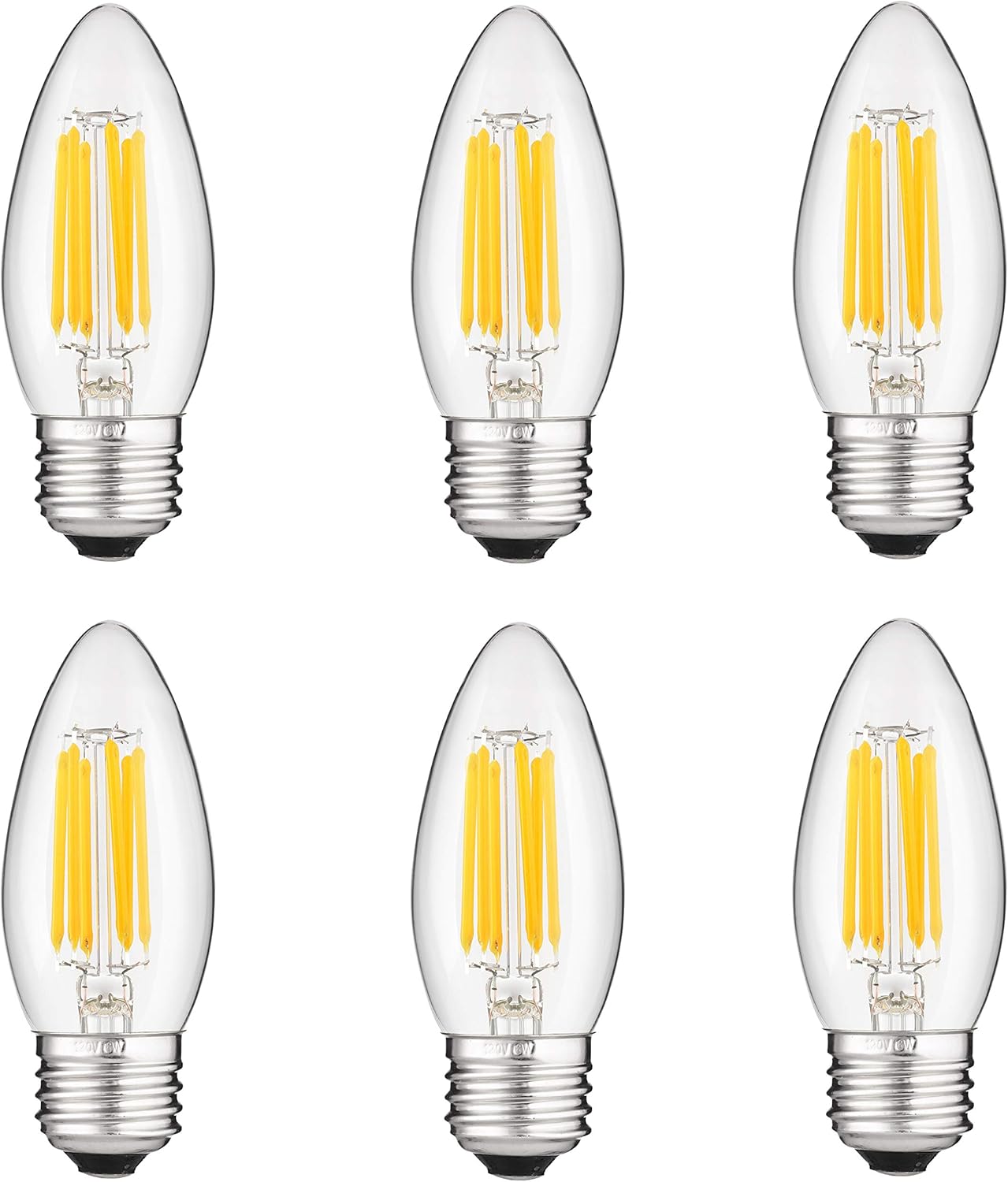 Sunlite 41077 LED Filament B11 Torpedo Chandelier Light Bulb, 5.5 Watts (60W Equivalent), 600 Lumens, Medium E26 Base, Dimmable, Edison Style, 90 CRI, UL Listed, 5000K Super White 6 Pack