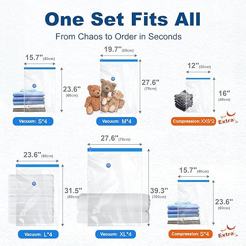 Miniatura 9 de HOUSE DAY Paquete de 22 bolsas de almacenamiento al vacío con bomba, bolsas de sellado al vacío que ahorran espacio para viajes de ropa, 4 Jumbo4