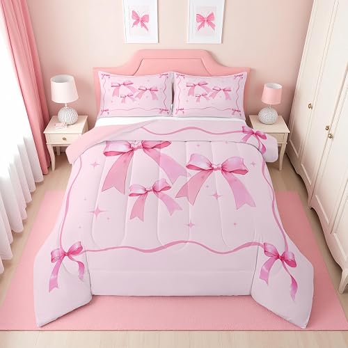Erosebridal Pink Bow King Comforter Set for Girls | Pink Ribbon Bows Bedding Set