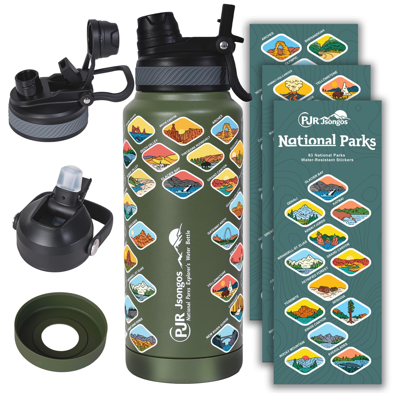 National Parks Water Bottle with 63 Waterproof Stickers 32 oz Insulated Stainless Steel Bottle 2-IN-1 Straw Spout Dustproof
