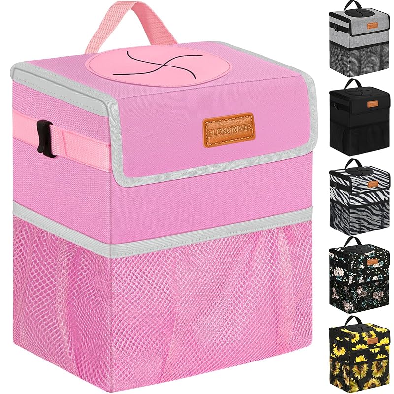 Lixeira Automotiva Dobrável ELONGRIVER Rosa com Tampa, Forro à Prova de Vazamentos e Bolsos, Capacidade de 7,6 L