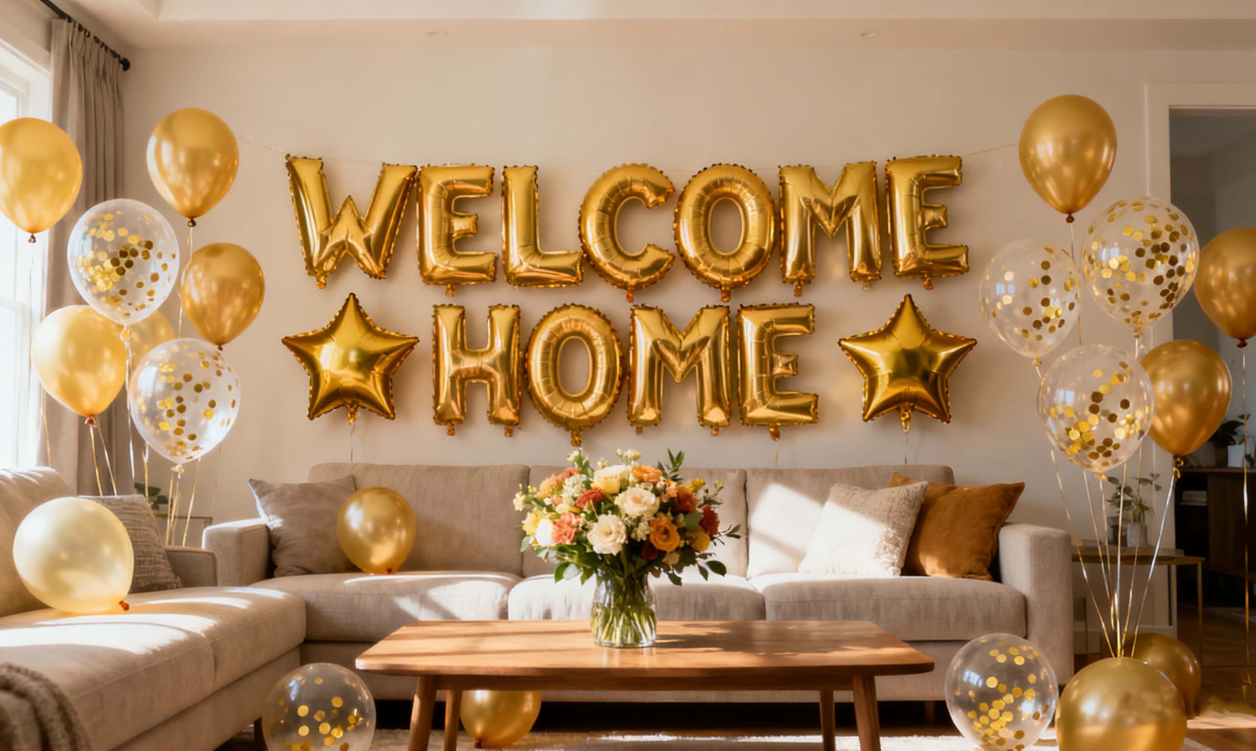 Benvenuto Home Banner Palloncino Welcome Home con Palloncini a Forma di Stella Lustrino per per la Decorazione di Inaugurazione della Famiglia Forniture per Feste Foto Puntelli (Confezione da 24