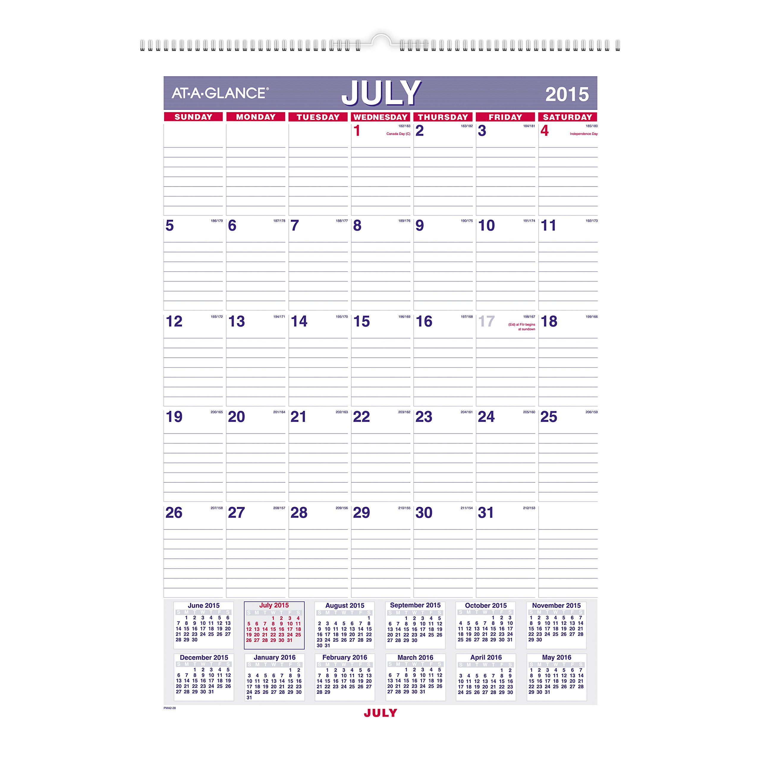 AT-A-GLANCE calendario de pared mensual, QuickNotes diseño, año académico, 12 Meses, de Julio 2015 – Junio 2016, 12 x 17 cm tamaño de página (pm53 – 28)