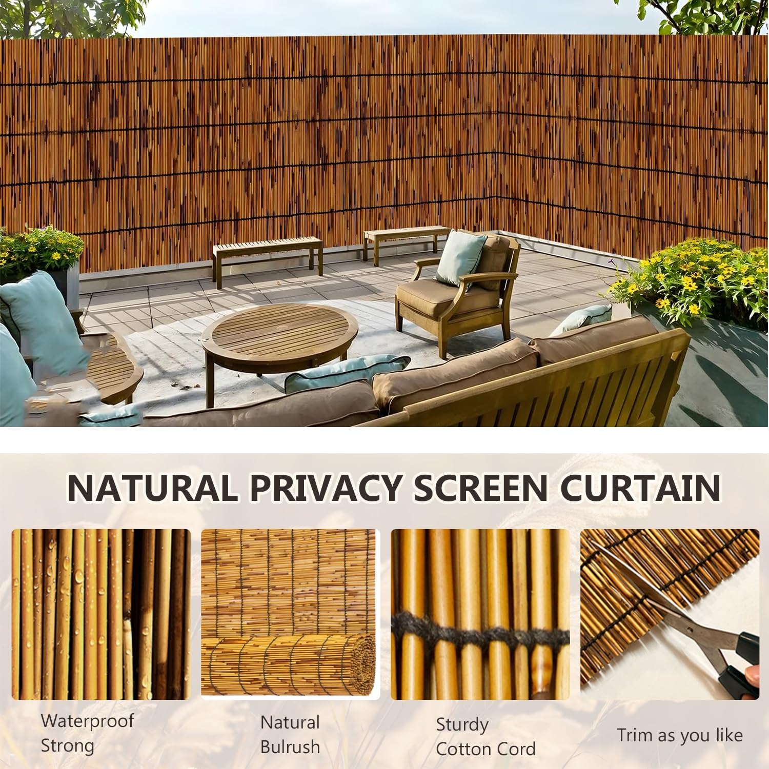 Rotolo di recinzione in bambù naturale, recinzione decorativa per giardino, patio, balcone, posto auto coperto e pergola, 100 x 500 cm