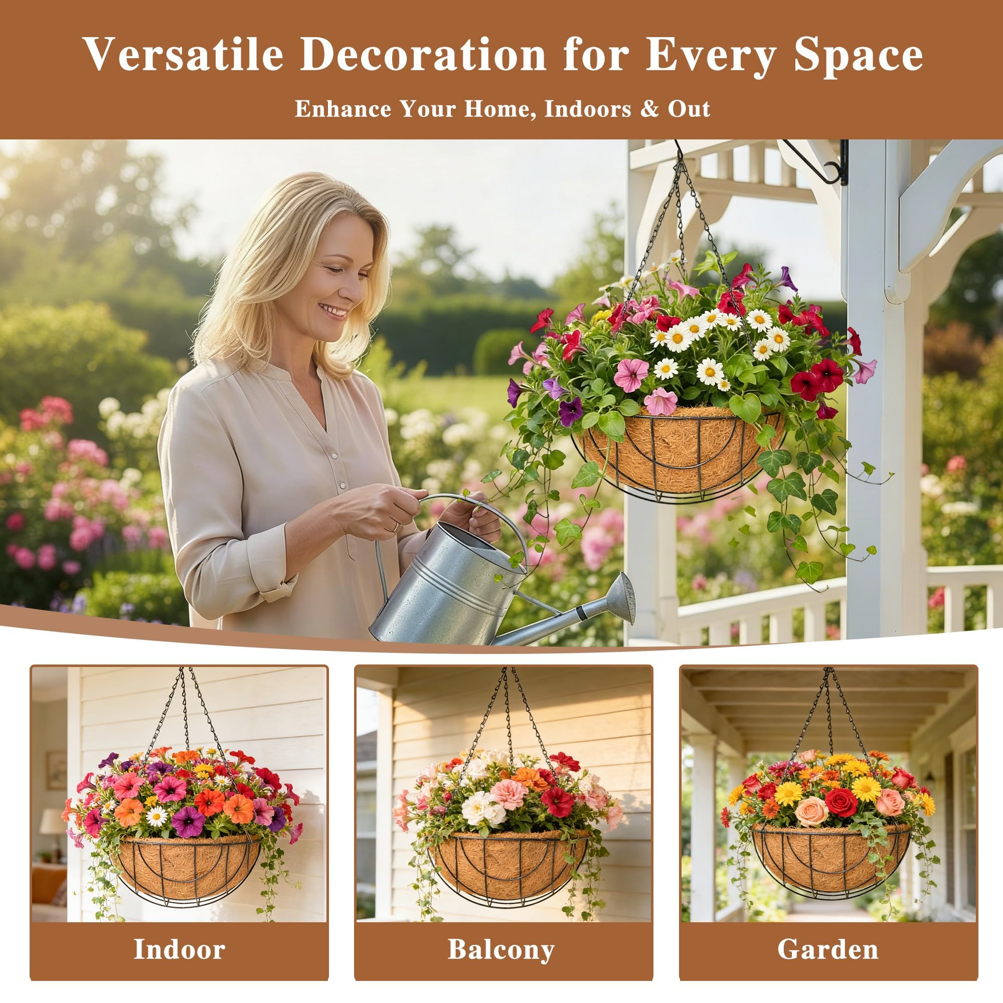 Paquete de 4 macetas colgantes para plantas al aire libre de 12 pulgadas, cesta colgante de metal con forro de coco de coco redondo, soporte para plantas, macetas de cadena para flores, decoración de