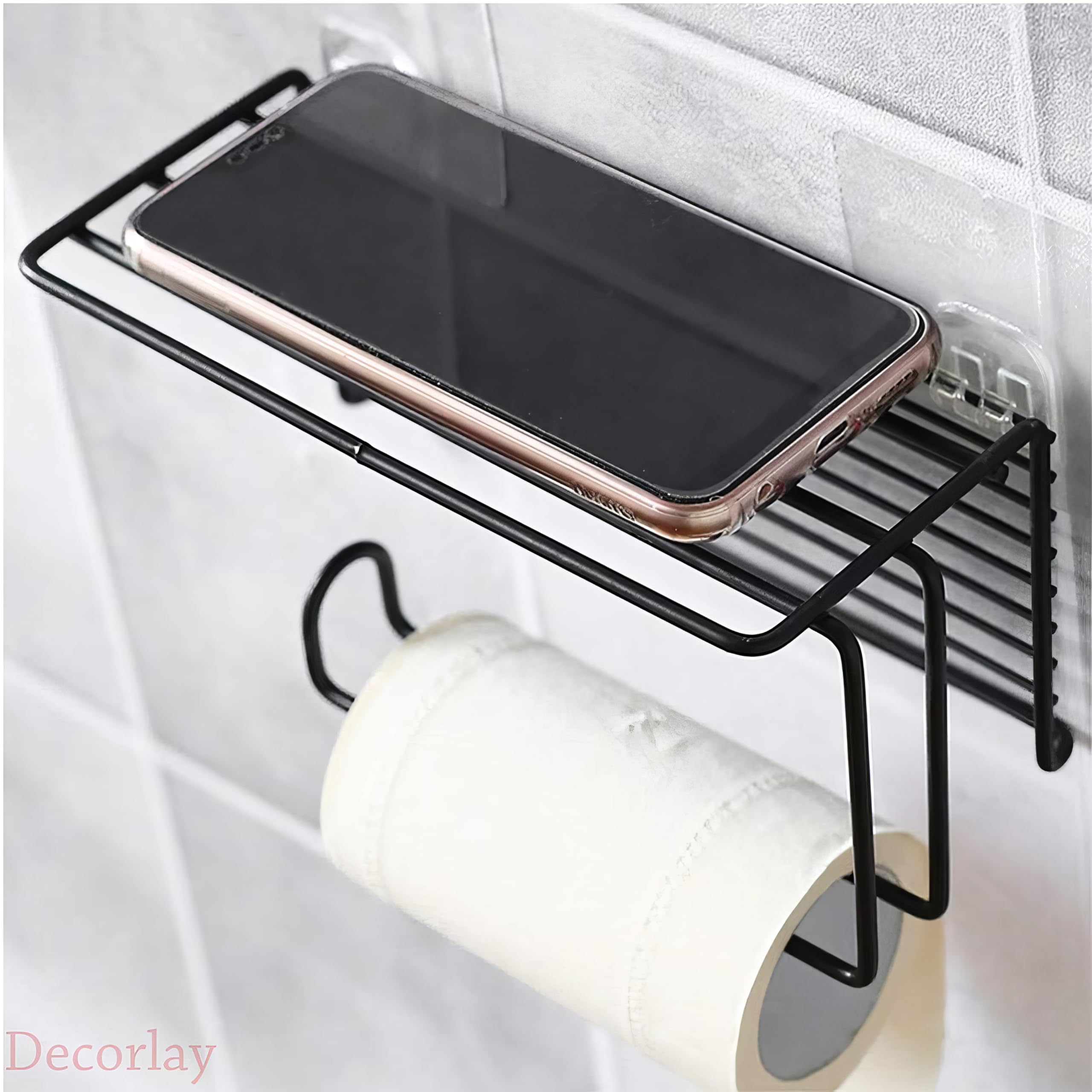 Decorlay Wall Mounted Napkin,Toilet Paper Holder with Self Adhesive Magic Sticker for Bathroom Accessories with Mobile Phone Stand Tissue Roll Hanger | Color - Black (B0BYW3VQL6) Amazon Price History, Amazon Price Tracker