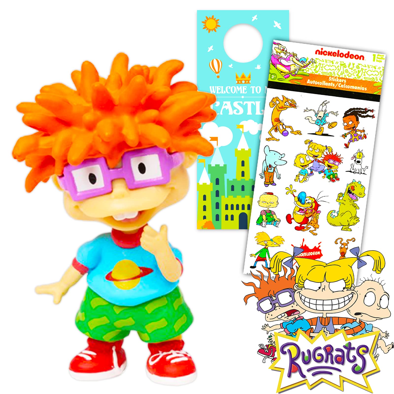 Retro Nickelodeon Rugrats Mini Figure Pack - Rugrats Party Supplies Bundle with Rugrats Chuckie Action Figure for Cake Toppers and More Plus Rugrats Stickers and Door Hanger (Rugrats Toys)
