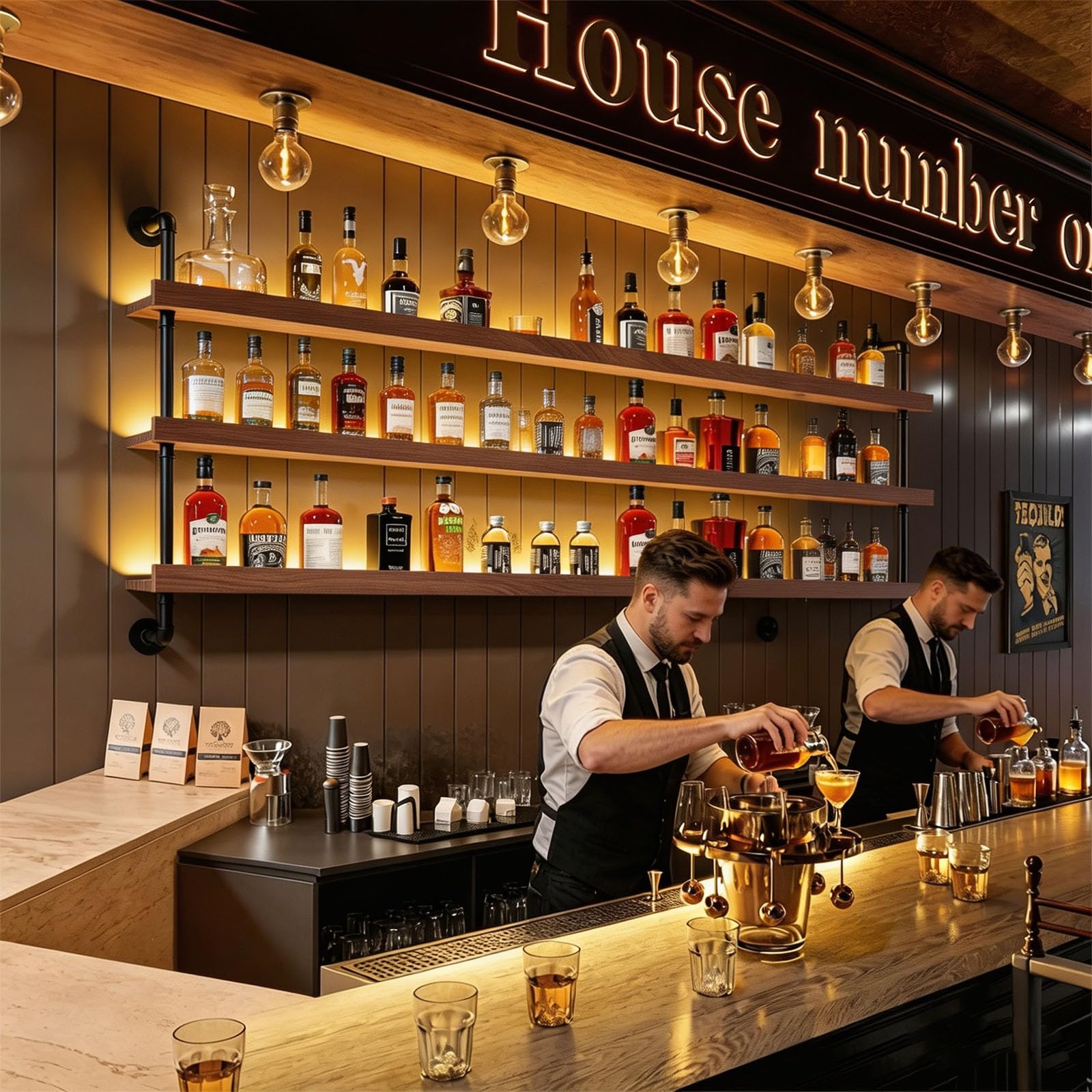 Portabottiglie da Parete con Luci a LED, Ripiani Espositivi Galleggianti in Ferro e Legno a 2 o 3 Livelli per Liquori, Portabottiglie da Parete Industriale, per Bar e Cucina (Noce, 3-125CM)