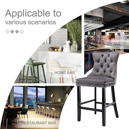 Miniatura 7 de Virabit Juego de 2 taburetes de bar tapizados de terciopelo de 27 pulgadas con botón y decoración de cabeza de clavos, sillas de bar con respaldo y