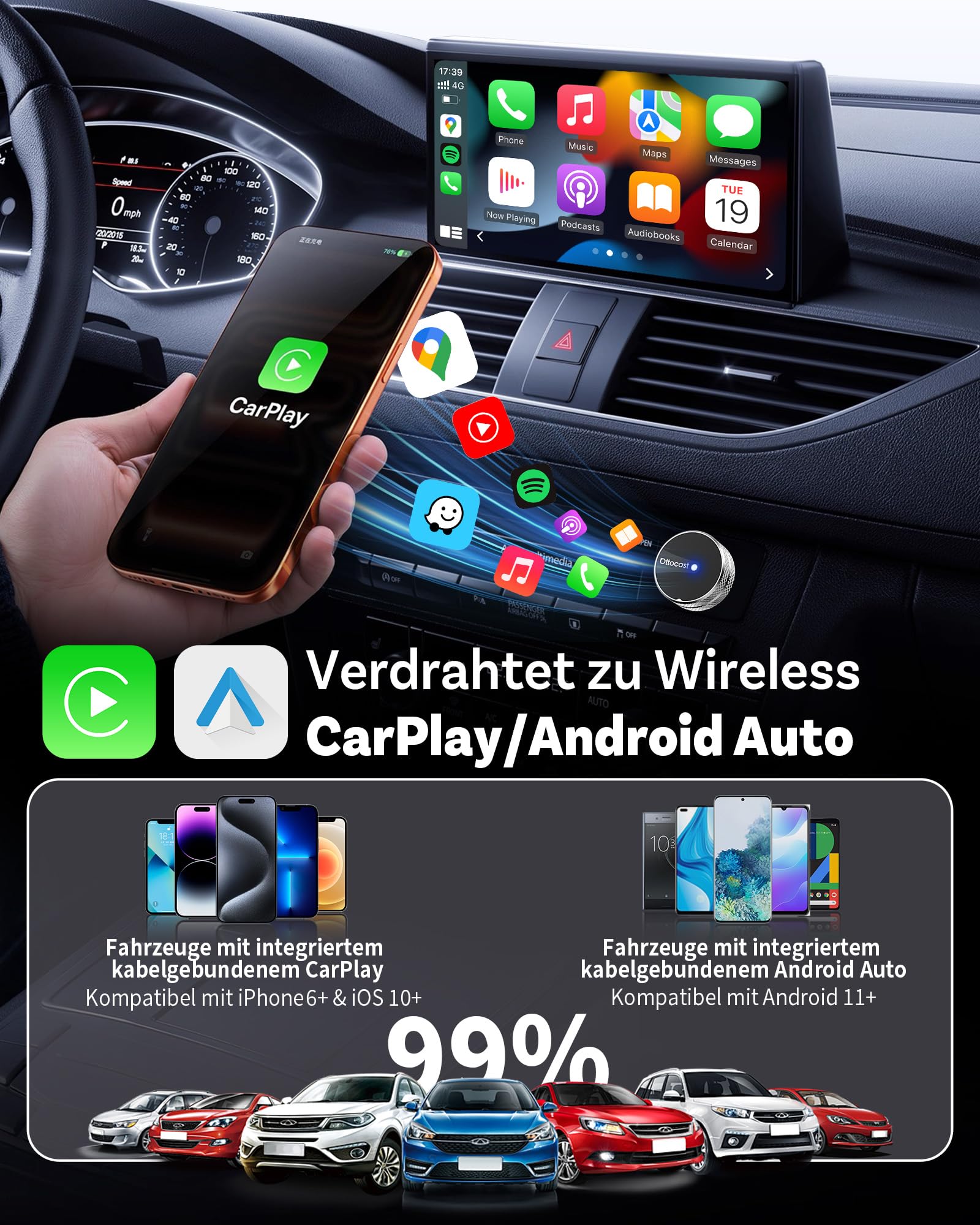 OTTOCAST Mini Tube 2026, Kabelloser CarPlay & Android Auto Adapter für iOS 10+/Android 11+, 5-8s Verbindung, USB-A/Type-C, OTA-Update, Kompatibel mit 99% Fahrzeugen ab 2016 (Nicht für BMW/Tesla)