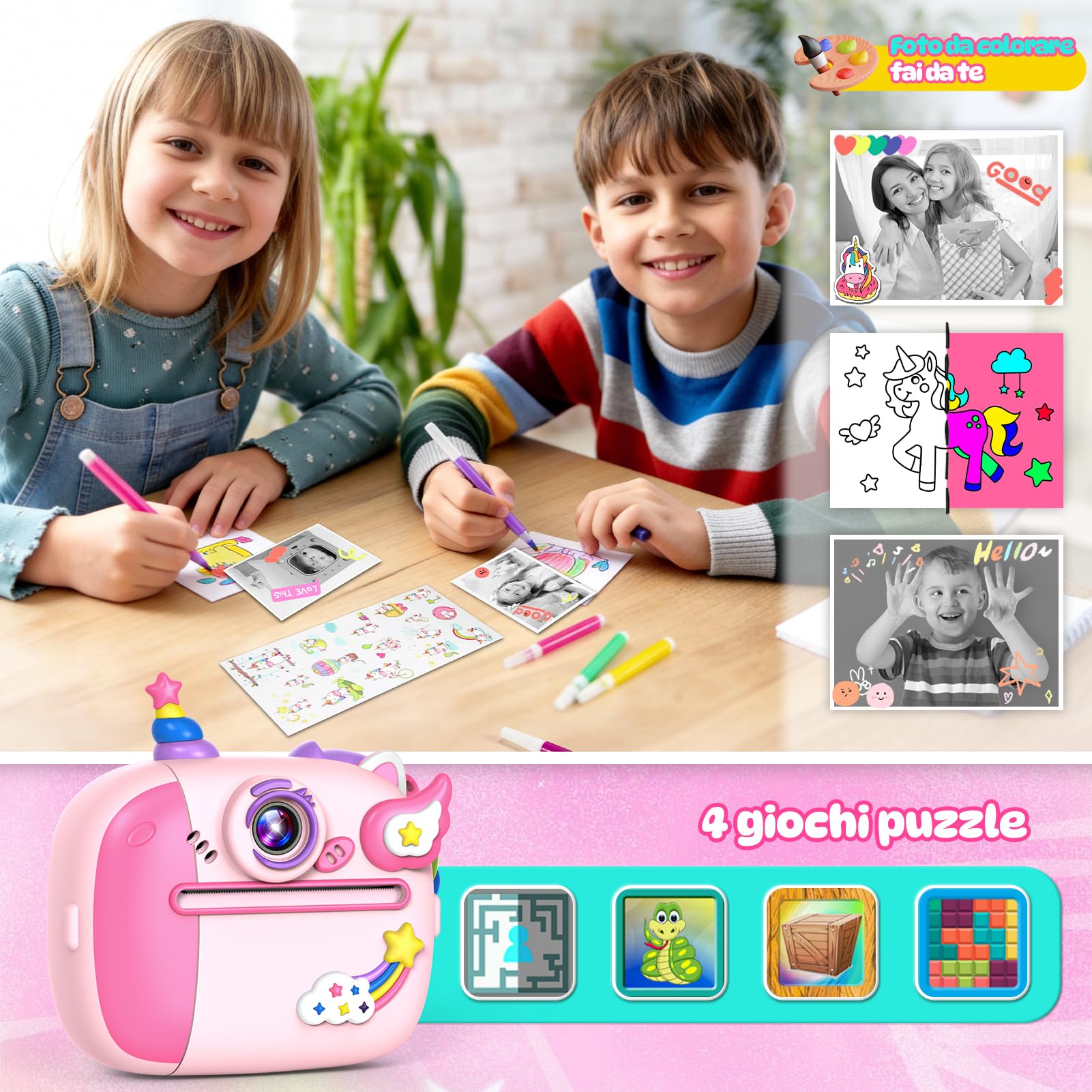 Wootoyz Macchina Fotografica Bambini Istantanea, Unicorno Regalo Bambina 3-12 Anni Fotocamera Digitale con Unicorno Giocattoli Bambina 4-10 Anni Femmina Giochi Regalo di Pasqua 48MP 1080P
