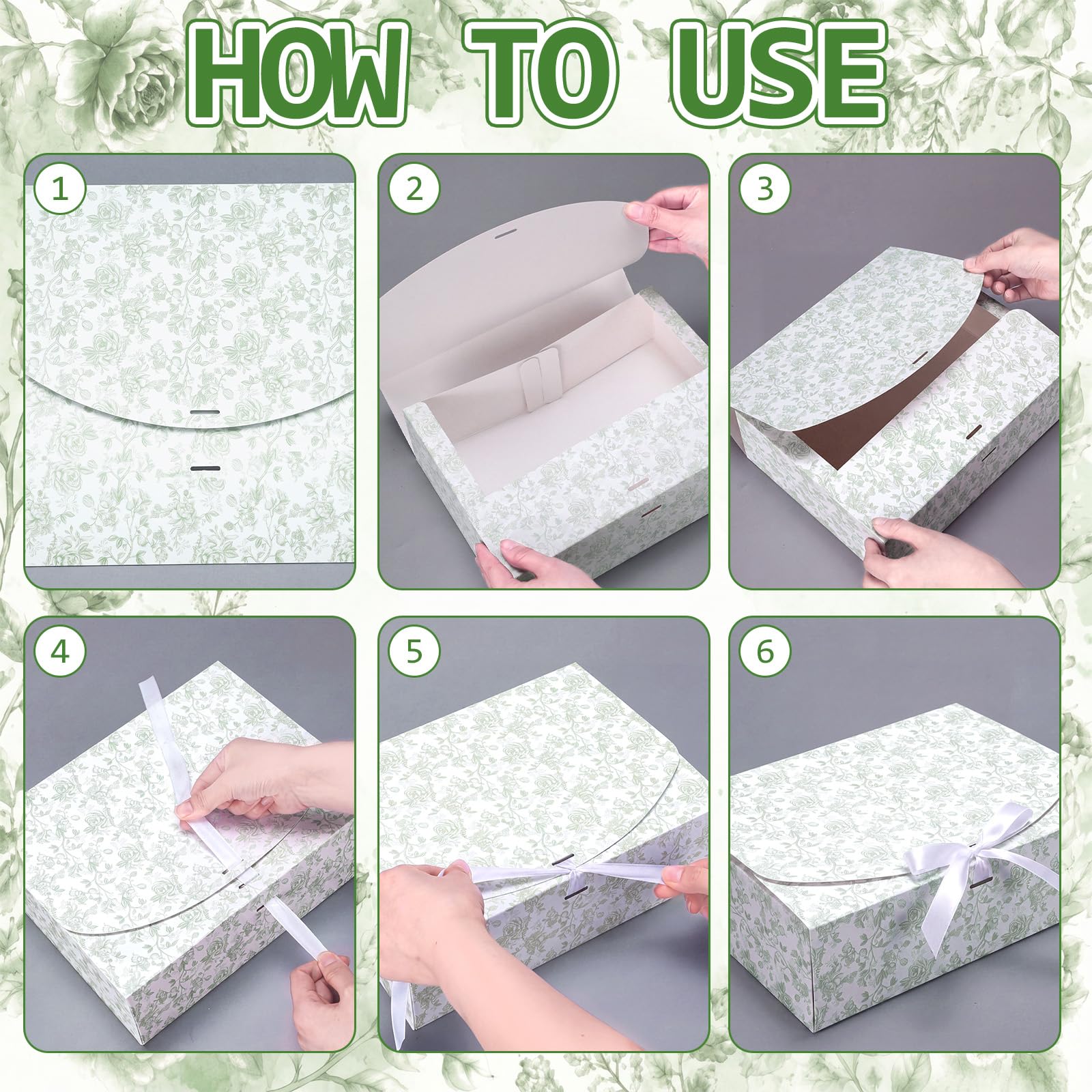 Kolldenn Confezione da 8 scatole regalo verdi floreali per proposte di damigella d'onore con coperchio a nastro, 20 x 26,9 x 8,1 cm, scatola di carta vuota per matrimoni, matrimoni, baby shower