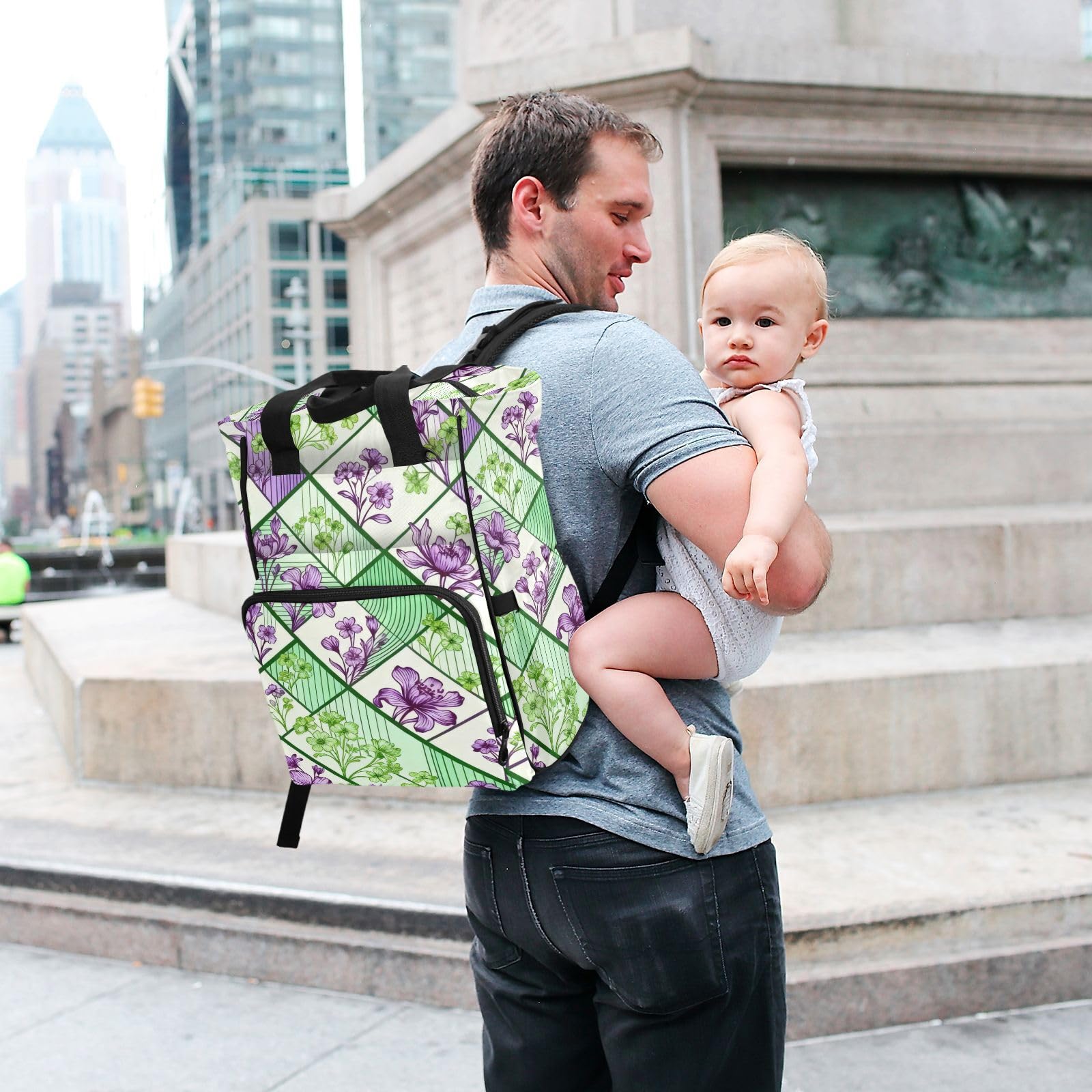 Baby Essentials torba na pieluchy zielony i fioletowy kwiat w kratę