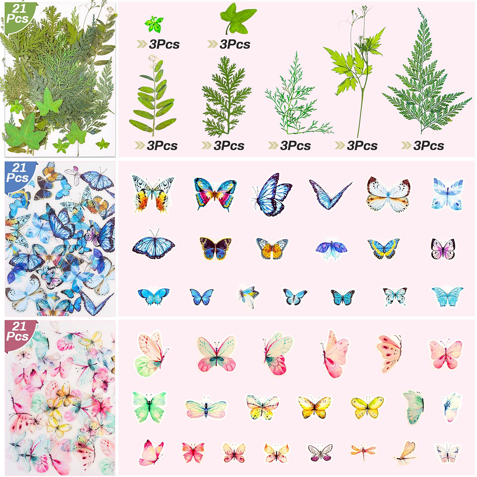 297 Stück getrocknete gepresste Blumen Schmetterling Aufkleber für Harz, echte natürliche trockene Blumen Blätter Bulk mit Pinzette für Kunsthandwerk Supplies Scrapbooking DIY Epoxidharz Schmuck