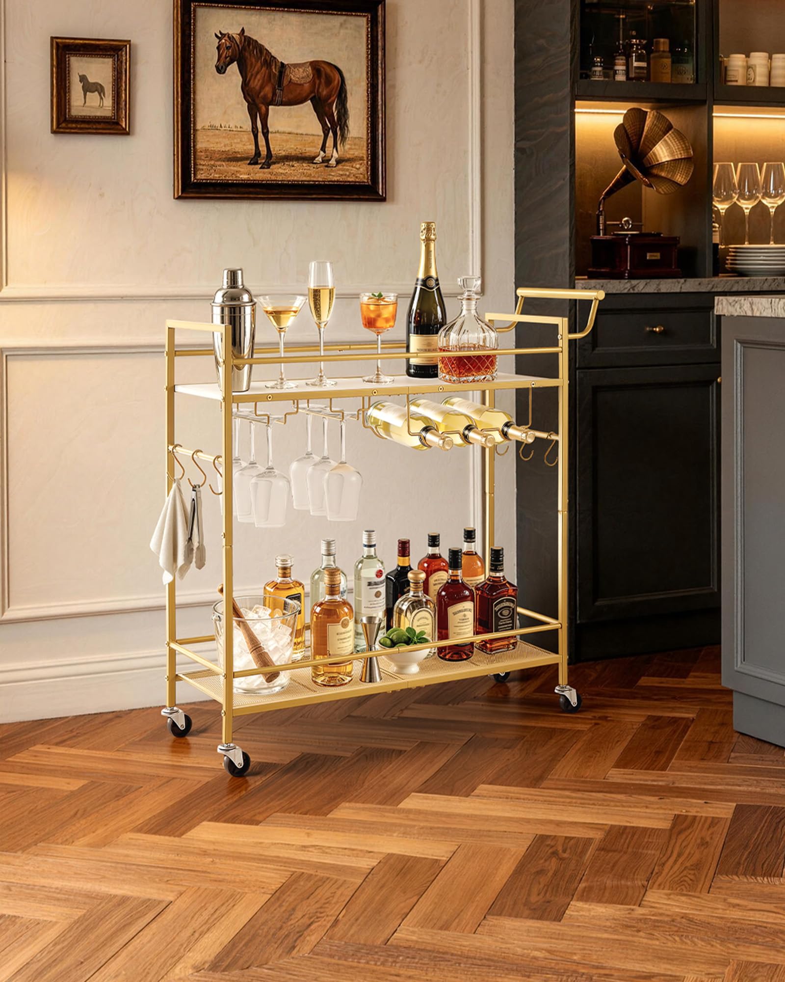 VEVOR Desserte Polyvalente, Chariot de Service pour Bar 2 Niveaux 86x30x83 cm, Rangement Vins Ustensiles Boissons Cuisine, Bar Roulant Étagères en Bois et Grillagée, avec Range-bouteilles Porte-verres