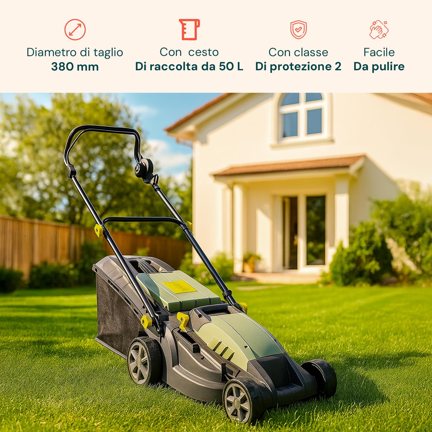 Avilia Cortacésped eléctrico de inducción – Cortacésped Ajustable con 5 Alturas de Corte, diámetro de Corte 380 mm, Velocidad 3000 RPM, 1600 W, 230 V, con Cesta de Recogida de 50 l, 143 x 105 x 55 cm