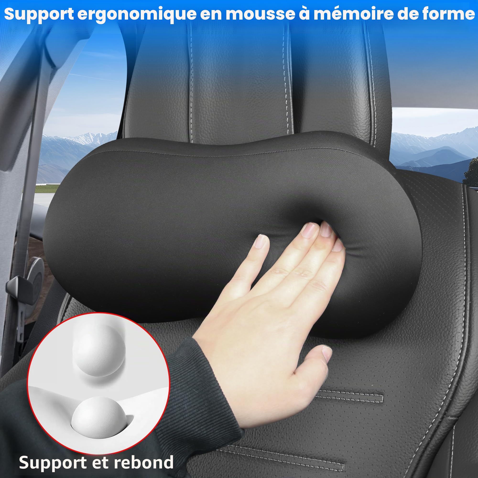 2Pc Car Headrest Coussin-Coussin de cou de voiture en cuir PU en mousse de mémoire, appuie-tête de voiture ergonomique pour le soutien à la tête et au cou, soulagement pendant la conduite et le repos