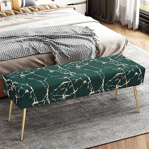 Miniatura 2 de MoNiBloom Banco otomano tapizado de terciopelo verde para dormitorio, extremo de cama, moderno patrón de mármol, otomano elegante y versátil,
