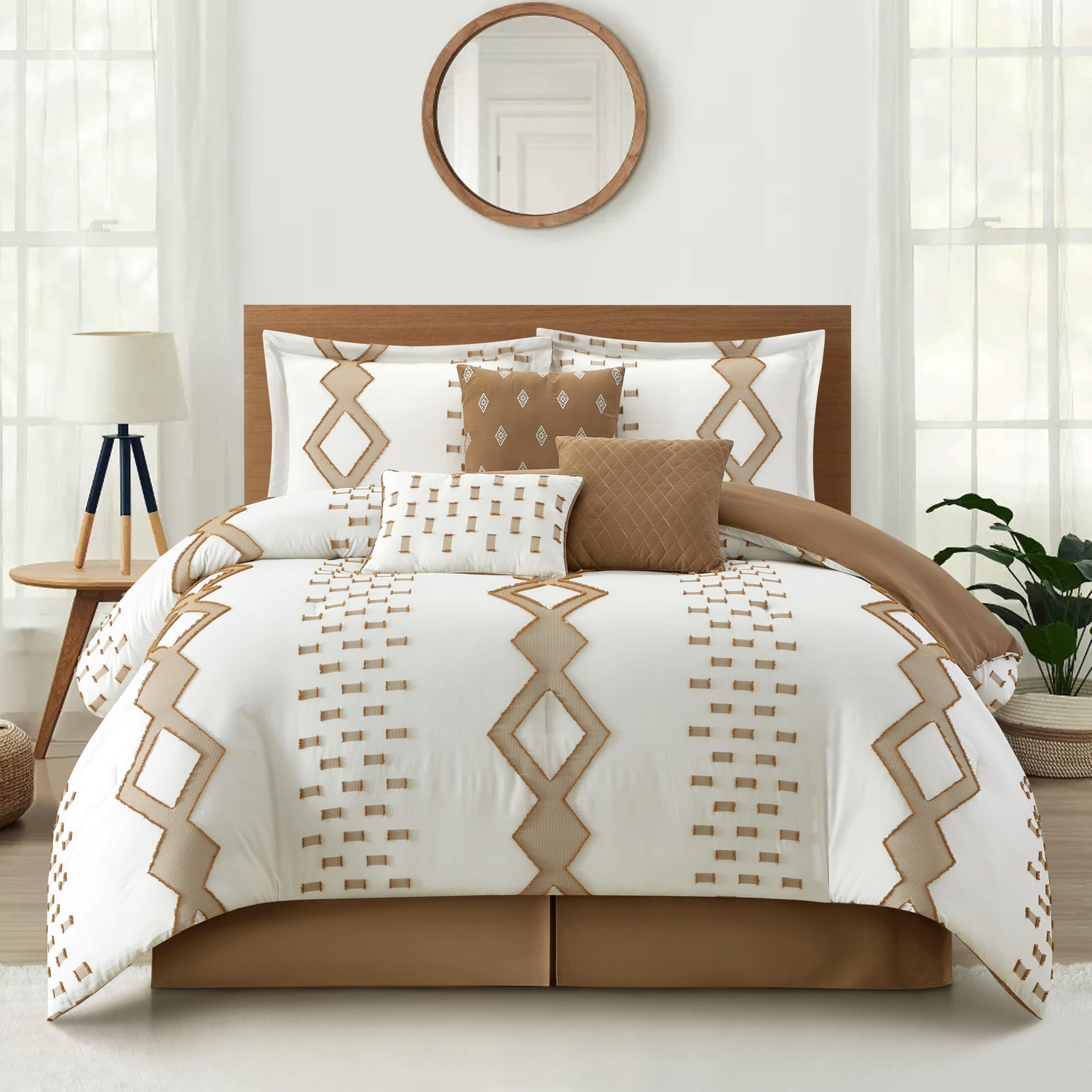 Stratford Park 7 Piece White Taupe Comforter Set, Queen Size Clipped Bedding Set, All Season Geometric Bedding, Matching Pillows, Shams, Bed Skirt