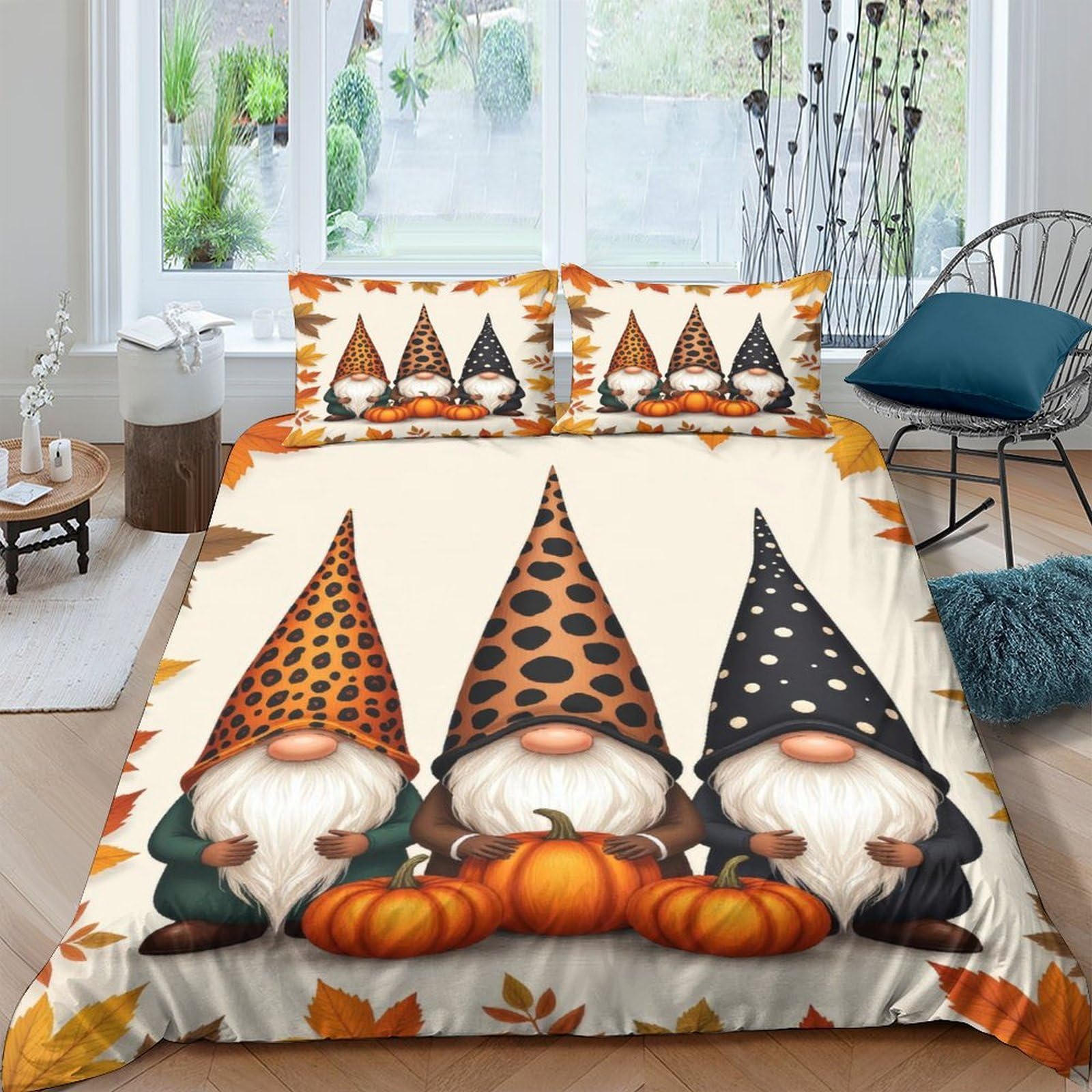 Ctjqhvkz Style-8 3D Printed Autumn Gnome Fitted Sheet Microfiber Soft Pumpkin Bed Cover Anti-Slip Machine Washable For Bedroom Decor Single（135X200cm）
