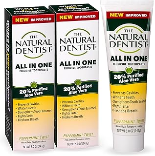The Natural Dentist All In One Fluoride Toothpaste, 20% Purified Aloe Vera, Prevents Cavities, Whitens Teeth, Strengthens Tooth Enamel, Removes Plaque, Freshens Breath, Peppermint Twist, 5oz Tube 2 ct