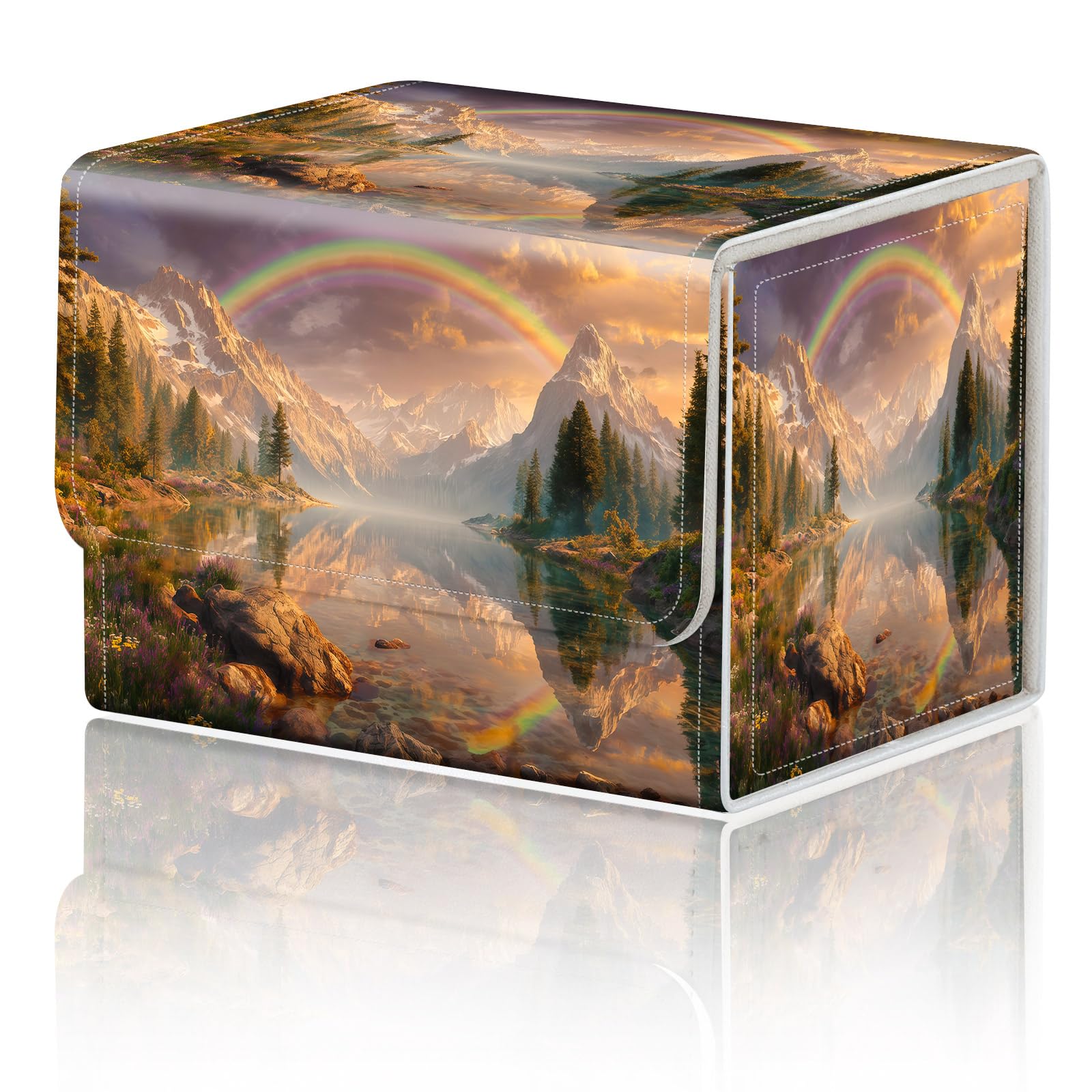 for TCG Deck Box Compact Portable MTG Card Box Organizer Trading Card Case Commander Deck Box MTG Card Game Storage Box Magnetic Closure Creative Pattern Up to 200 Cards, Mountain Lake Rainbow — image 1