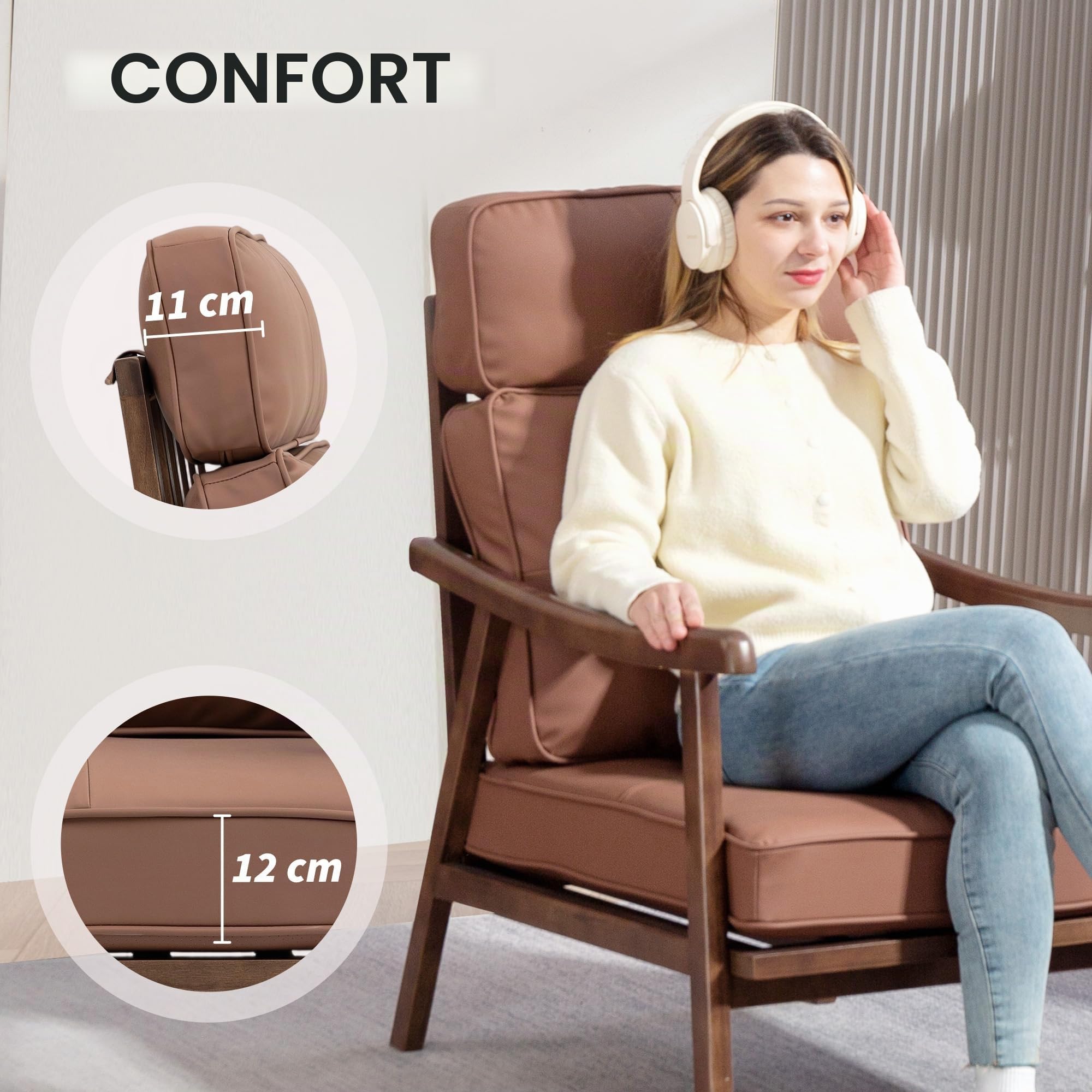 HOMCOM Fauteuil de salon Fauteuil de salon en PU avec structure en bois Coussins épais et rembourrés Dossier haut Charge 150 kg Fauteuil de lecture pour salon Chambre à coucher Marron et bois de noyer