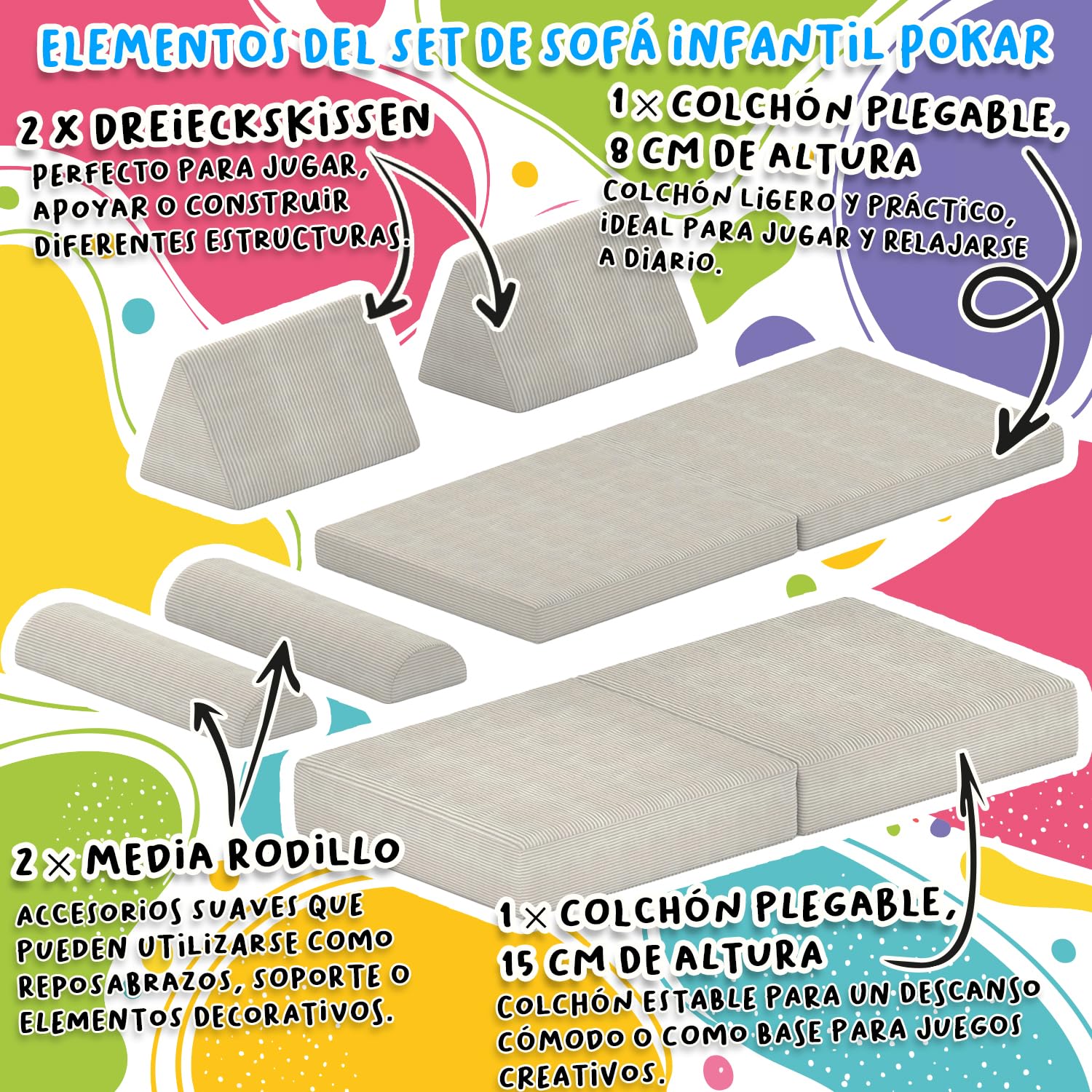 POKAR Colchón Plegable para Sofá Modular Niños | Colchón 160x80x8 cm en Espuma con Funda de Pana Suave | Accesorio Compatible con Sofá para Niños Infantil | Certificado Öko-Tex | Caramelo Cálido