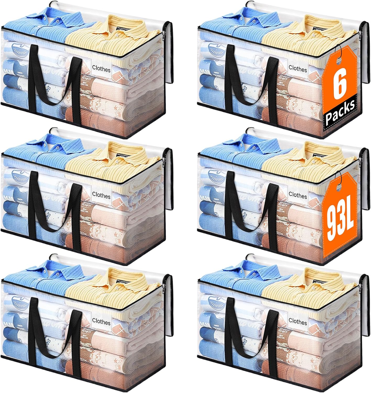 Extra Large Heavy Duty Moving Bags, Storage Bags with Strong Zippers & Handles, Packing Bags for Moving Essentials, Ideal Storage Tote for Home, Dorm & Storage Solutions, 93L-10 Packs, Clear