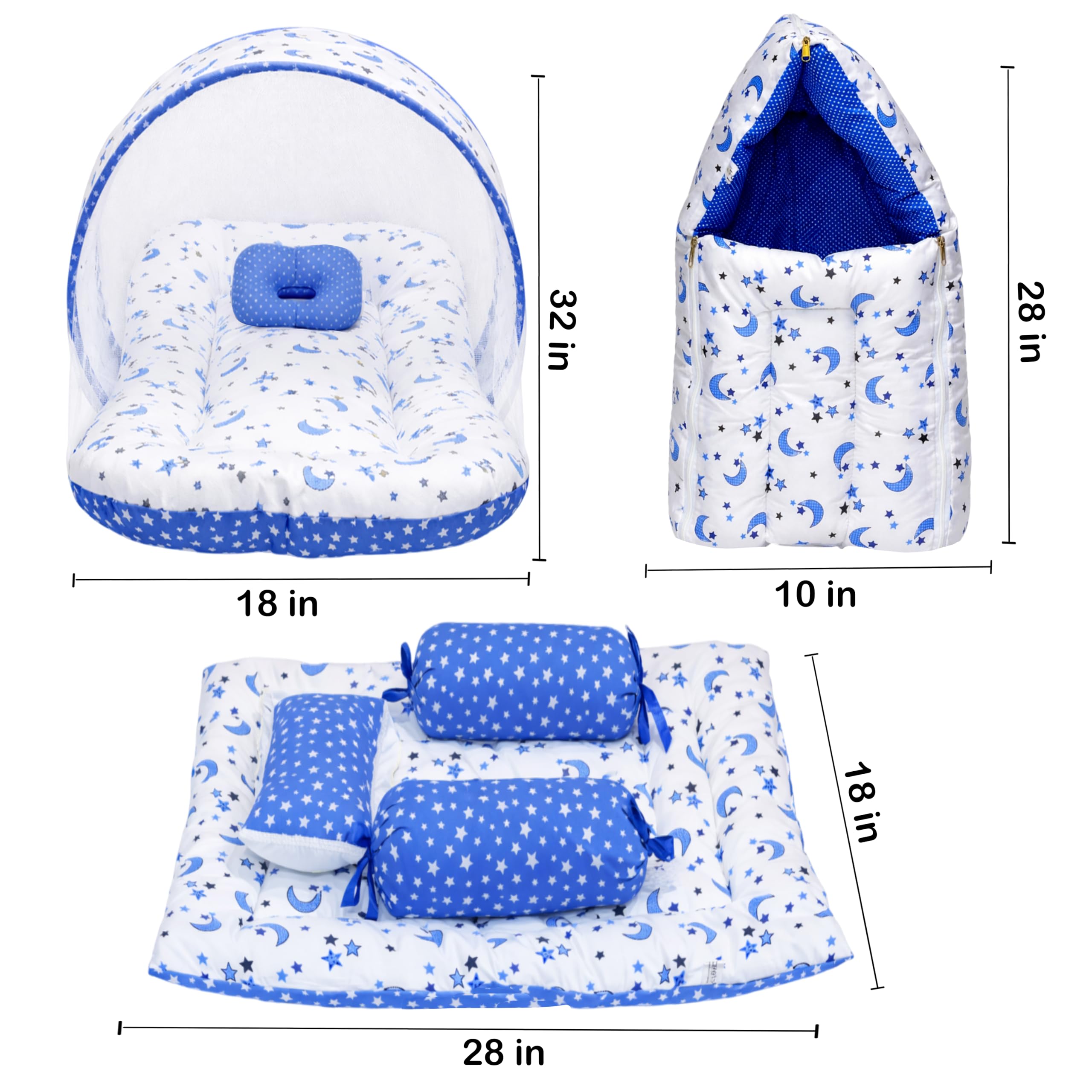 Fareto Combo of Baby Bed with Net | Carry Bag | 4 Pcs Bedding Set (0-6 Months, Baby Size, Cotton) (Blue Moon) 4