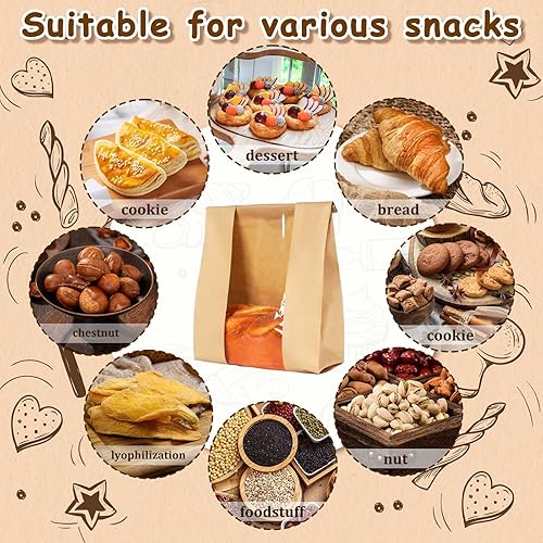 Vista 4 de Paquete de 100 bolsas de pan grandes de papel kraft con ventana, bolsas de pan para pan casero y 500 calcomanías de sellado, panadería, envasado