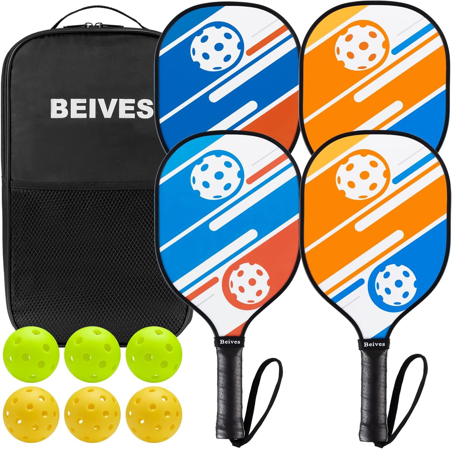 Pickleball Paddles Pickleball Set 7-ply Basswood Wooden Pickleball Rackets Set of 4 with 6 Balls and 1 Carry Bag, Pickleball Equipment for Beginner to Intermediate with Extra Edge Guard