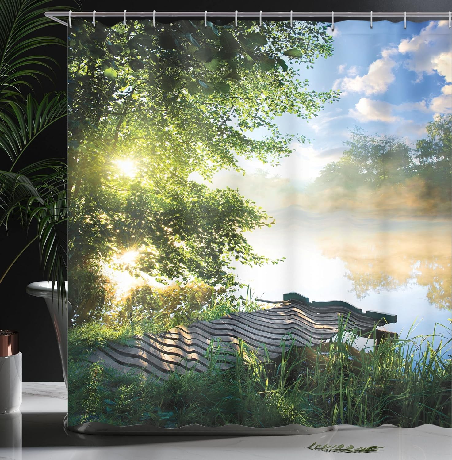 Rideau de douche en tissu polyester haut de gamme avec pont en bois 3D