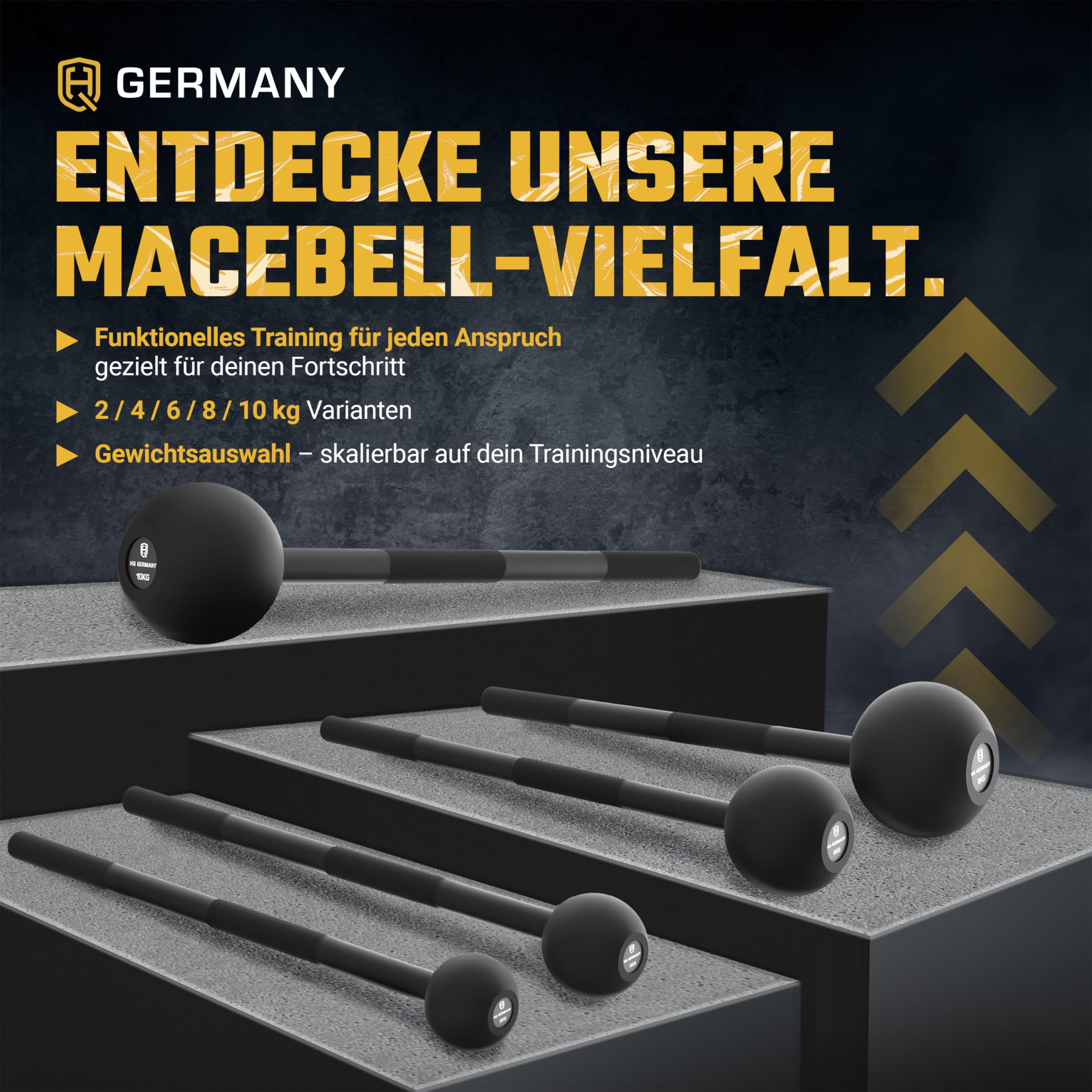 HQ Germany® Macebell 2-10kg [100% Stahl] - Steel Mace, Gada, Clubbell | Massiv verschweißt aus einem Stück, ±200g kalibriert, langlebige Pulverbeschichtung, genormte Maße, griffiges Knurling