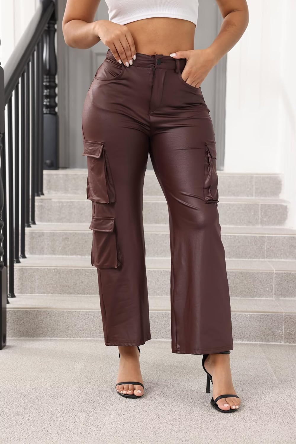 Ryehack Faux Leather Pants for Women Y2K High Waisted Wide Leg Cargo Pants PU Trousers with Pockets - Image 5