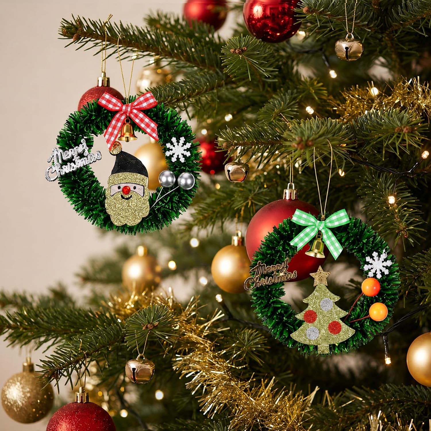 5Pcs 3.2" Mini Christmas Wreath Ornaments for Dollhouse, Small Xmas Wreath with Ribbon Bow Artificial Dollhouse Miniature Christmas Wreathes for Xmas Tree Dollhouses Door Party Decorations