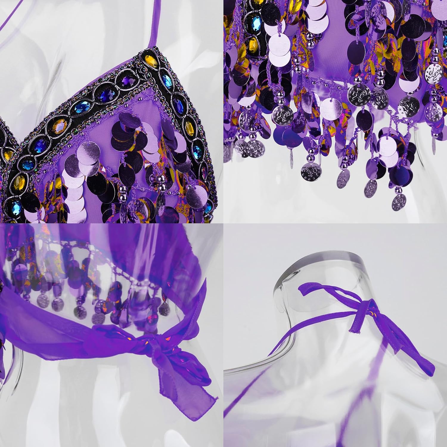 Belly Dance Sequin Bra Top Tassel Halter Crop Top Fringe Sparkle Coins Bra for Festival Rave Club Wear Costume - Image 6