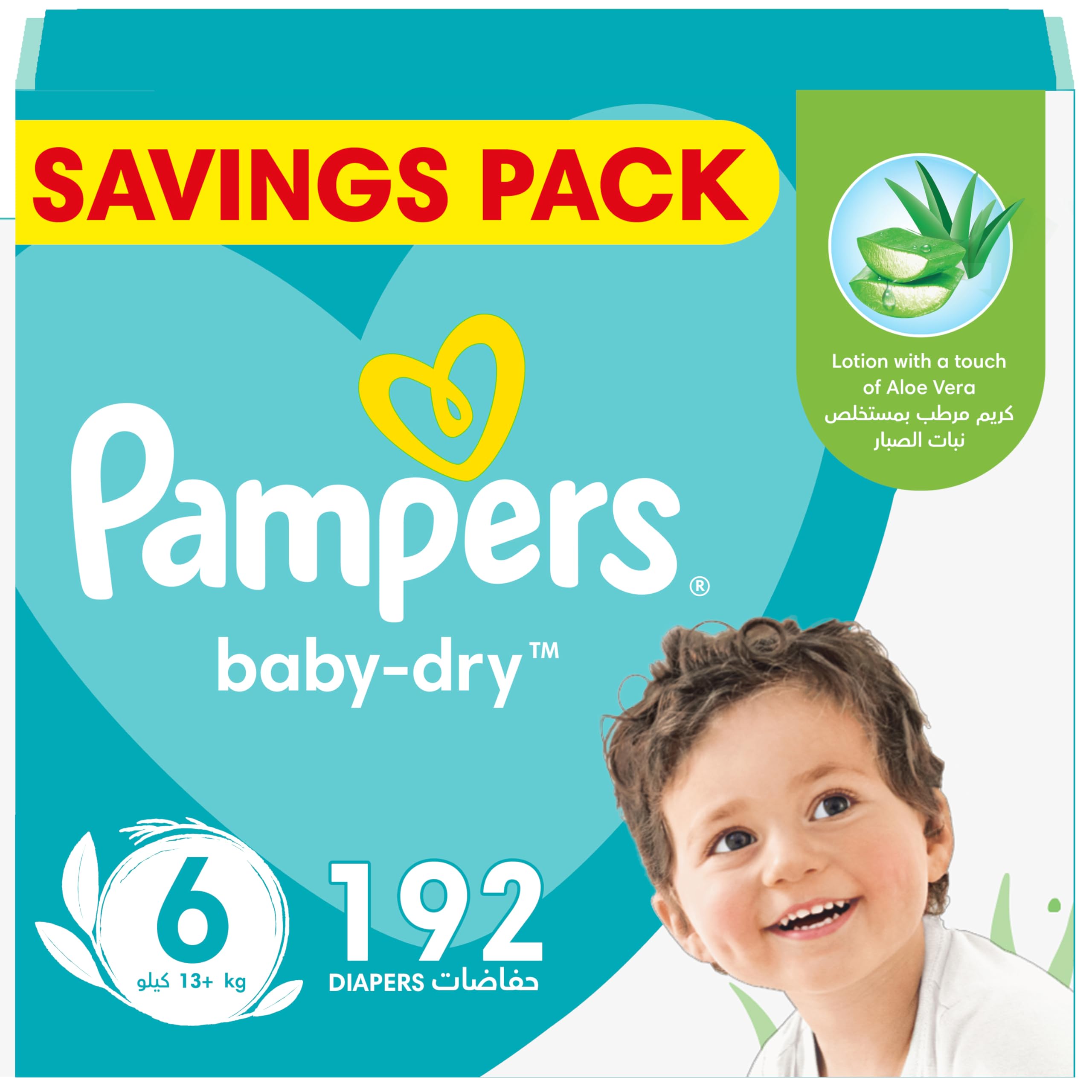 Pampers Baby-Dry Taped Diapers with Aloe Vera Lotion, up to 100% Leakage Protection, Size 6, 13+kg, 192 Count